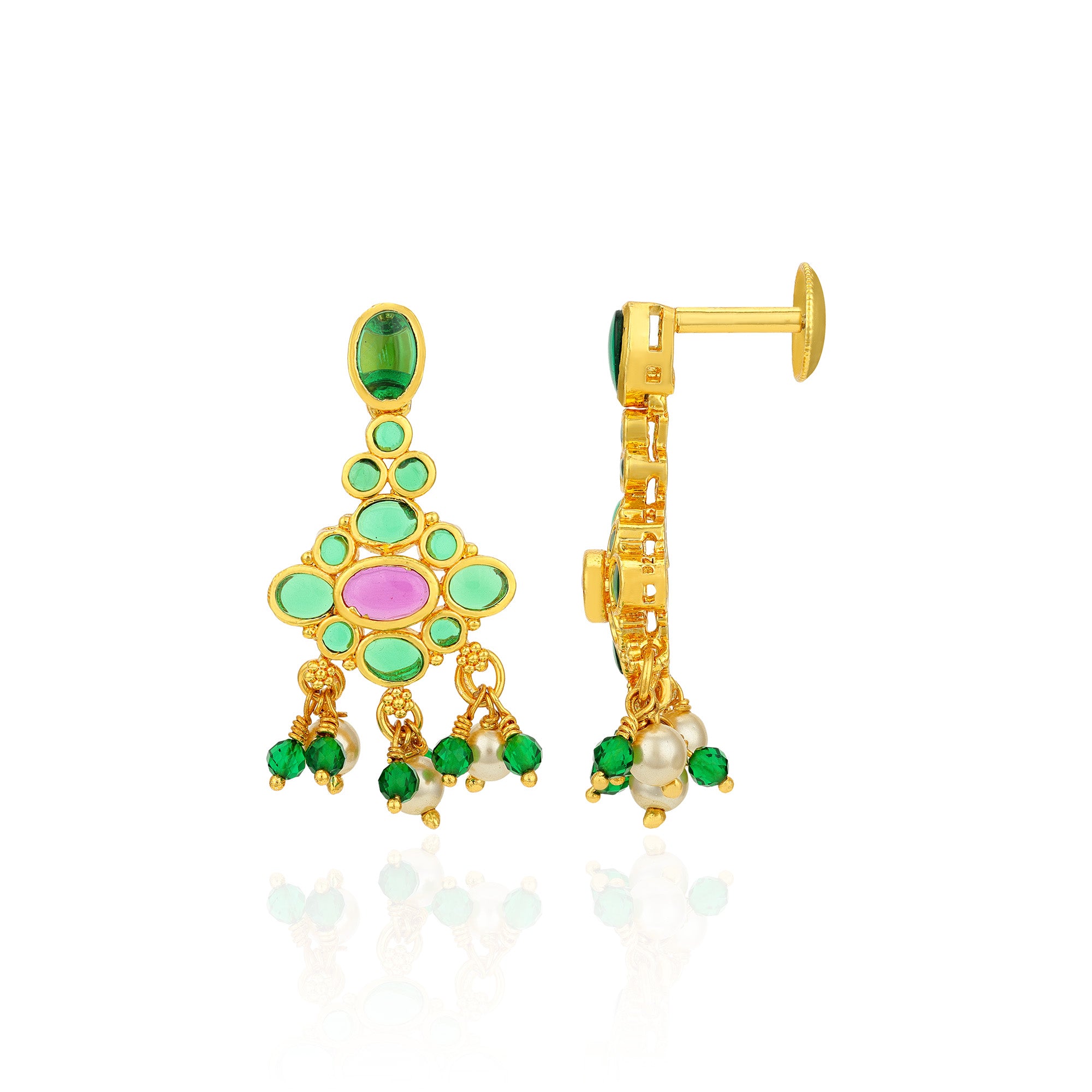 Golden Kundan Style Green Pink Stone 925 Sterling Silver Pearl Drop Earring for Women