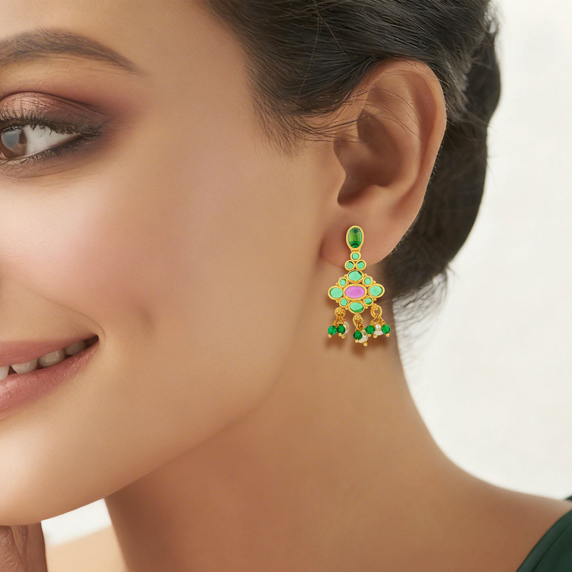 Golden Kundan Style Green Pink Stone 925 Sterling Silver Pearl Drop Earring for Women