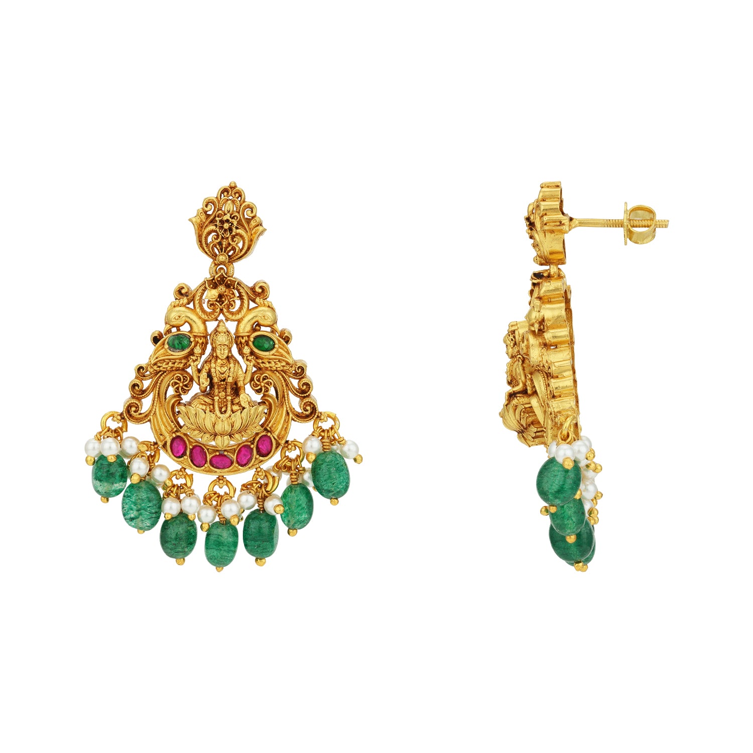 Golden Lakshmi Lotus Peacock Temple 925 Sterling Silver Green Bead Drop Chandbali Earrings for Women