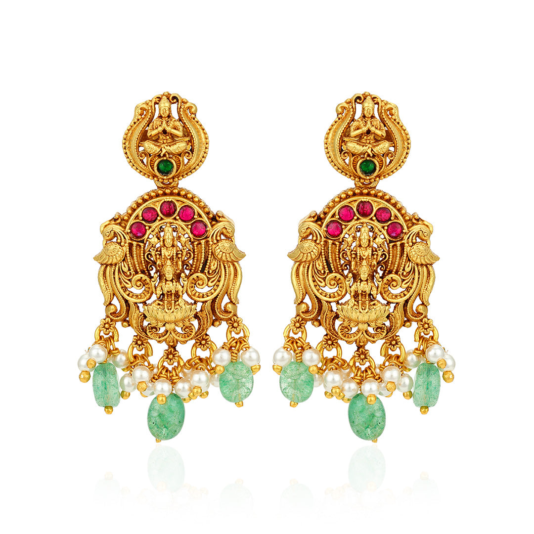Golden Lakshmi Narayana Temple Motif 925 Sterling Silver Pearl Green Drop Earrings for Women