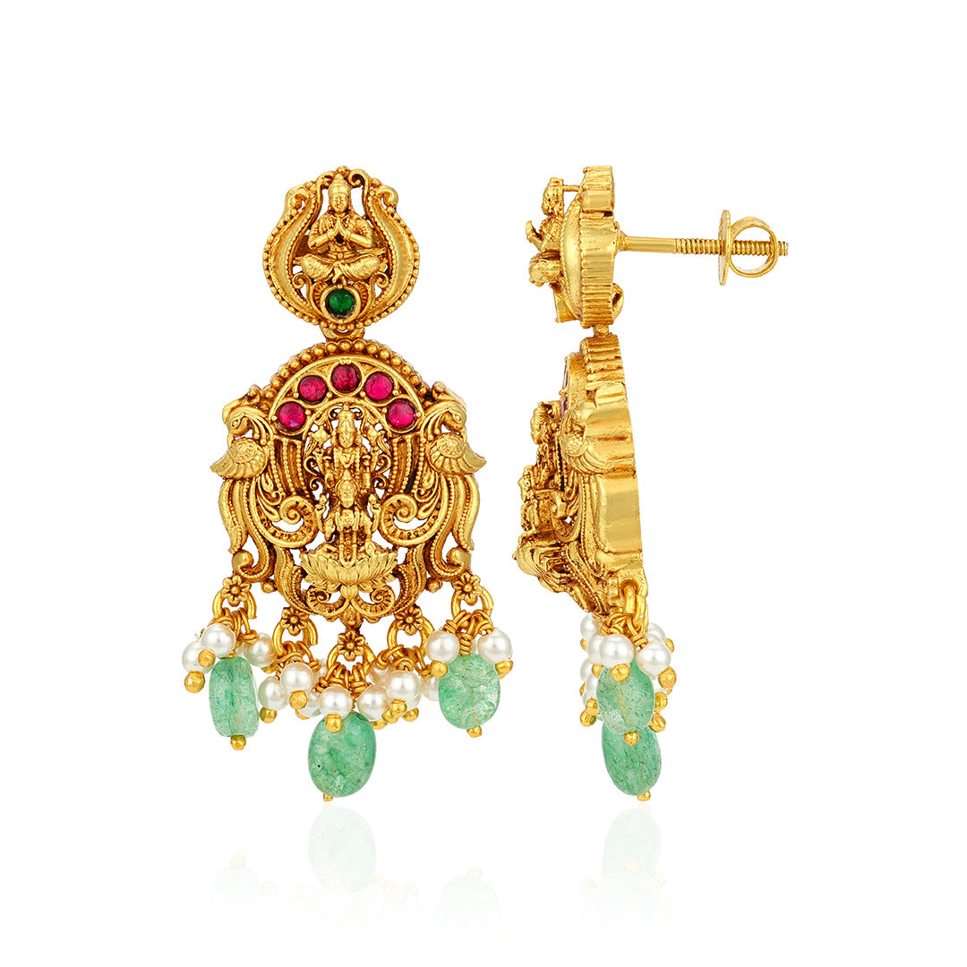 Golden Lakshmi Narayana Temple Motif 925 Sterling Silver Pearl Green Drop Earrings for Women
