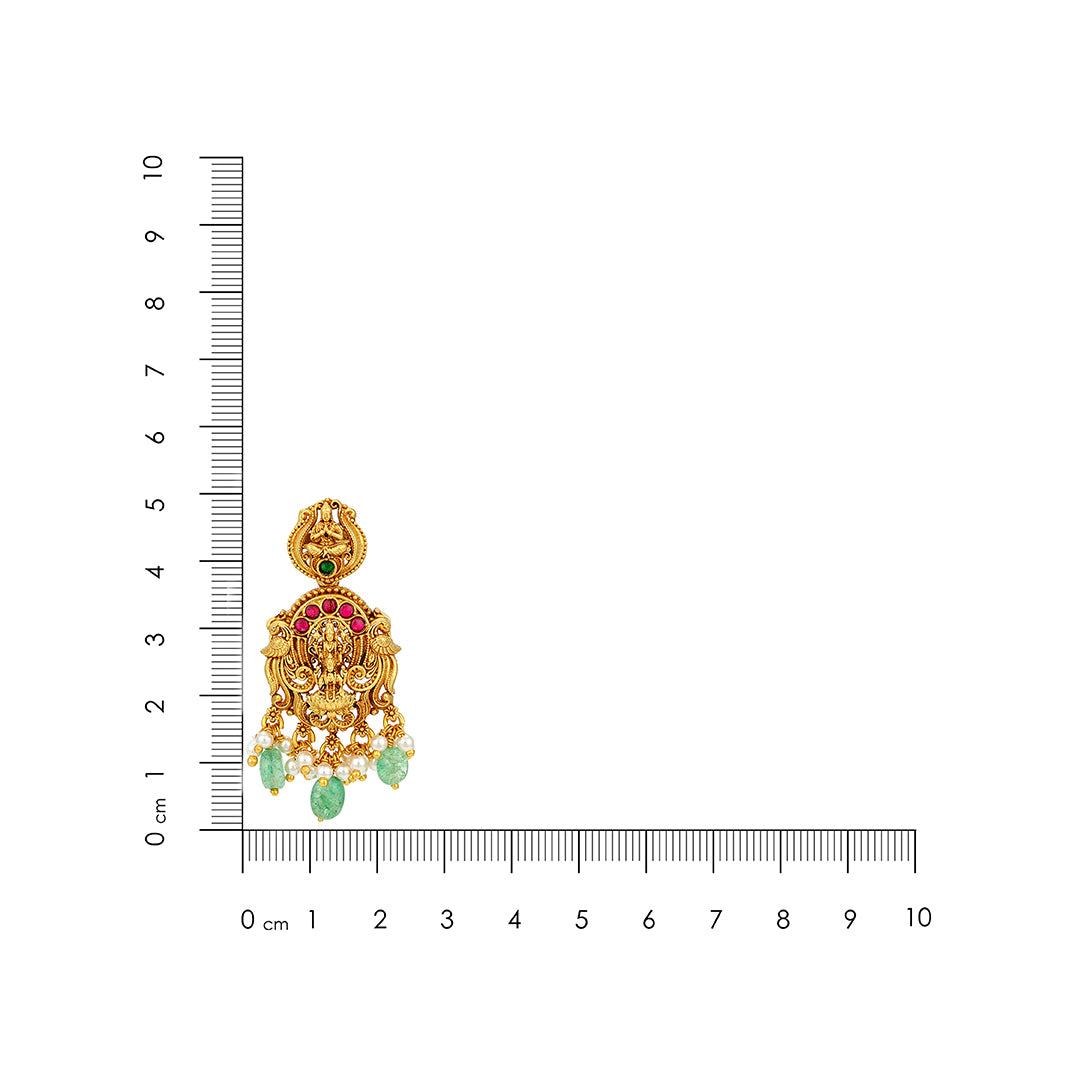 Golden Lakshmi Narayana Temple Motif 925 Sterling Silver Pearl Green Drop Earrings for Women