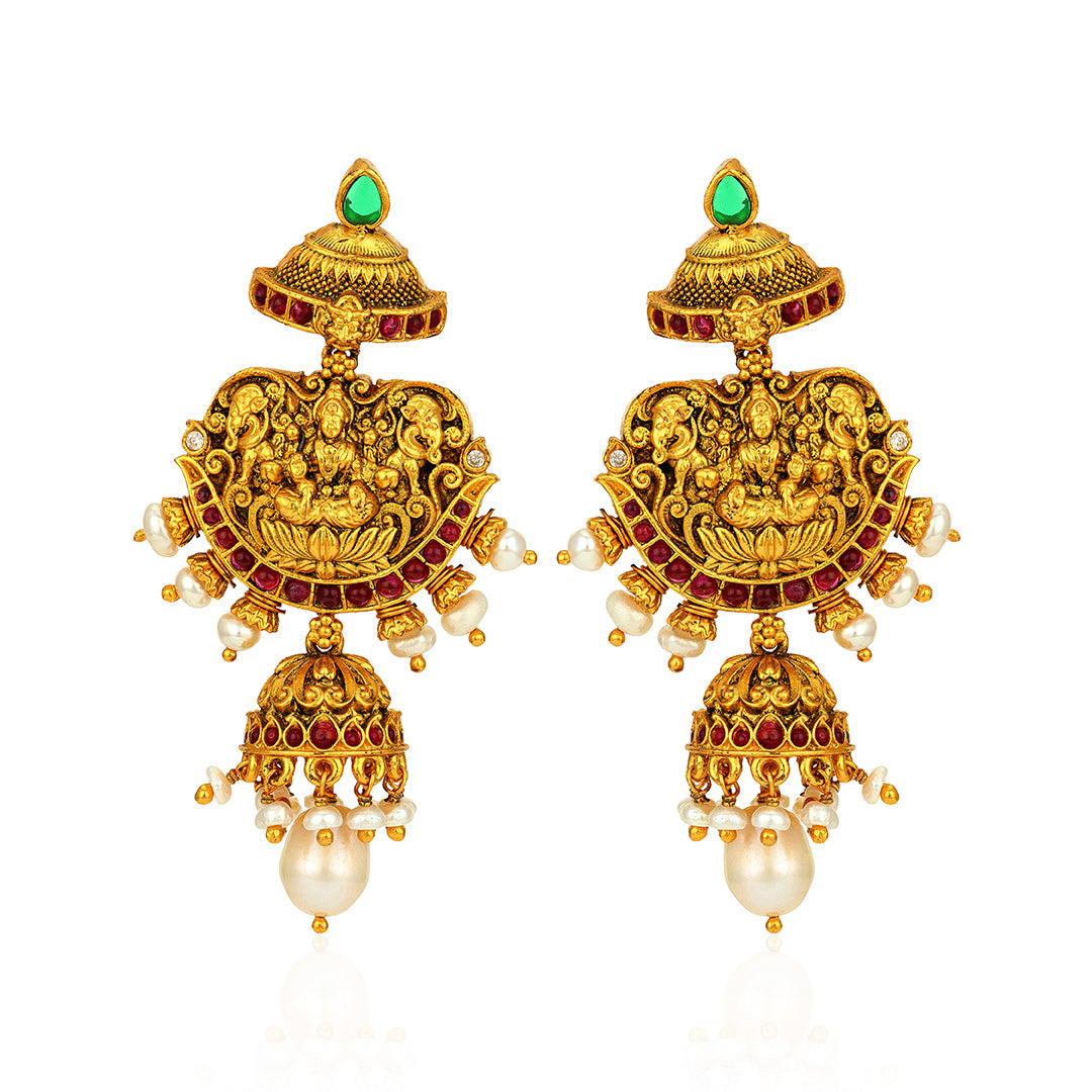 Golden Lakshmi Ratha Ruby Pearl 925 Sterling Silver Pearl Drop Jhumka Earrings for Women