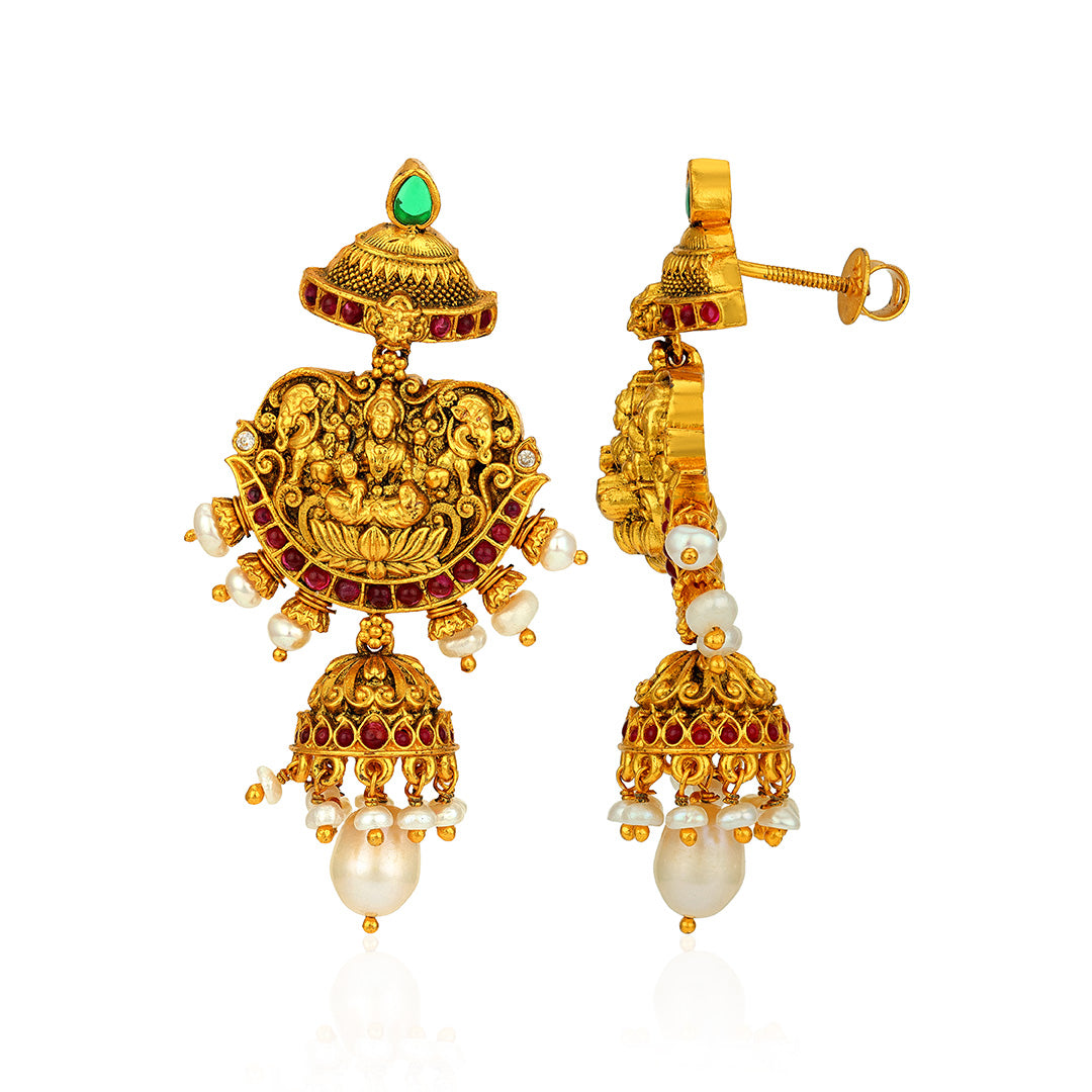 Golden Lakshmi Ratha Ruby Pearl 925 Sterling Silver Pearl Drop Jhumka Earrings for Women