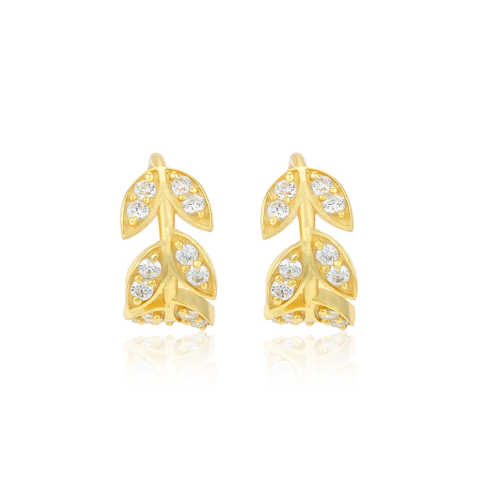 Golden Leaf Crystal Bloom 925 Sterling Silver Cuff Earrings for Women