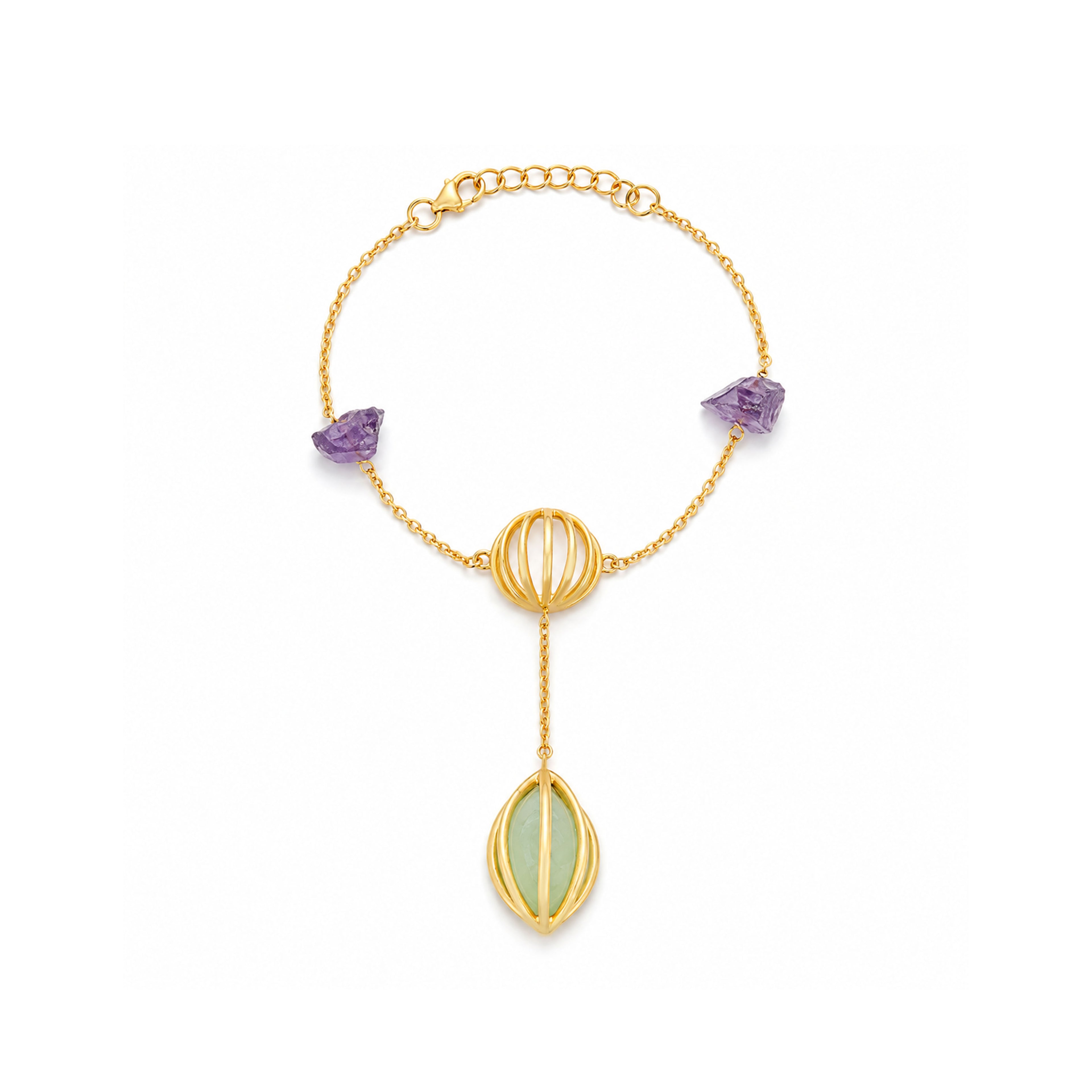 Golden Orb Amethyst Leaf Drop Artistic Designer Bracelet