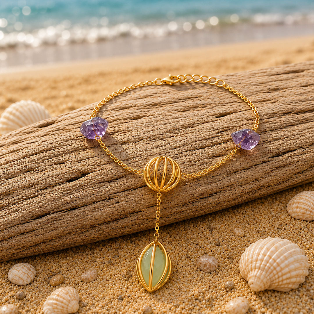 Golden Orb Amethyst Leaf Drop Artistic Designer Bracelet