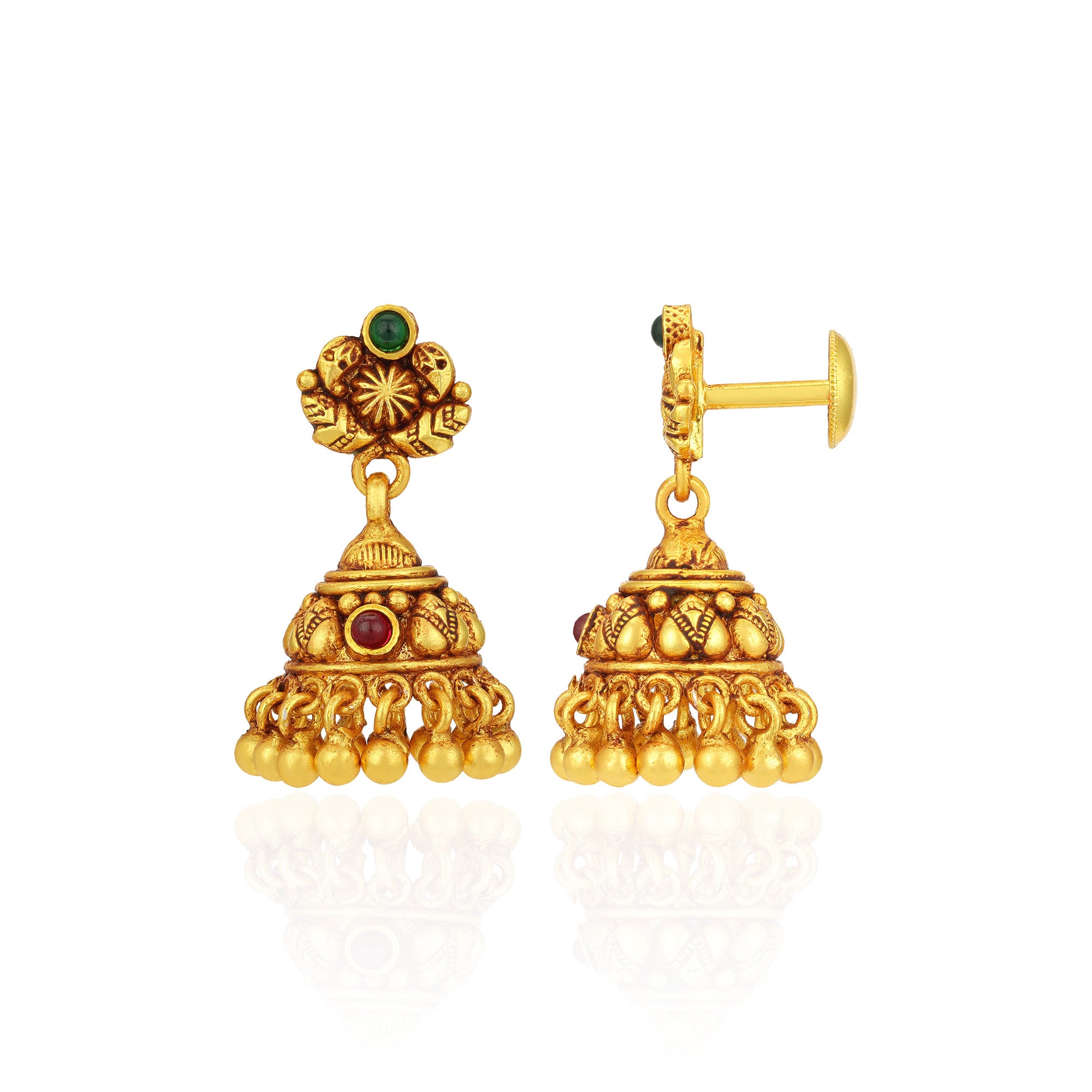 Golden Paisley Motif Green Red Stones 925 Sterling Silver Gold Drop Jhumka for Women