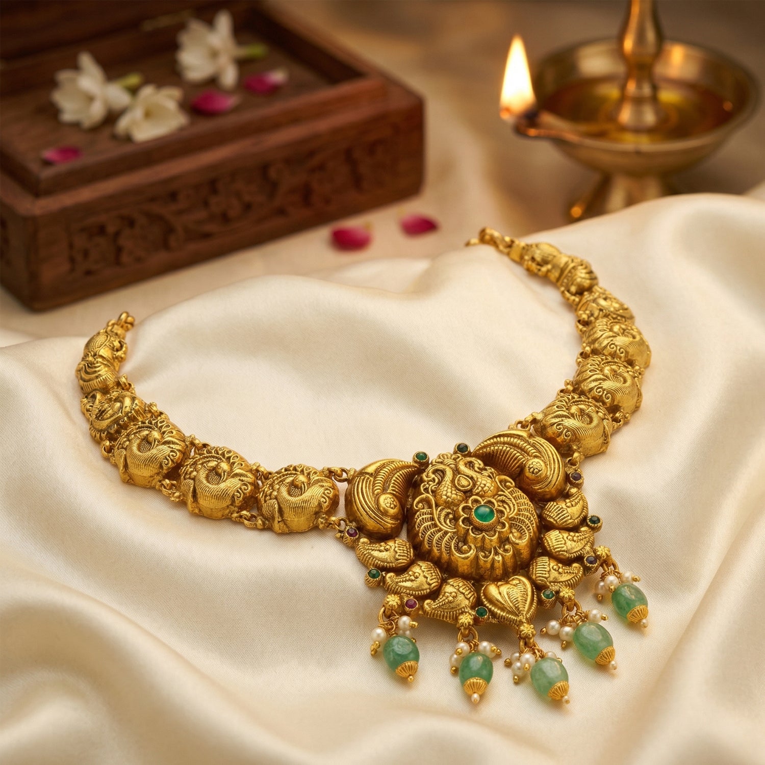 Golden Peacock Cluster 925 Sterling Silver Green Bead Drop Necklace for Women