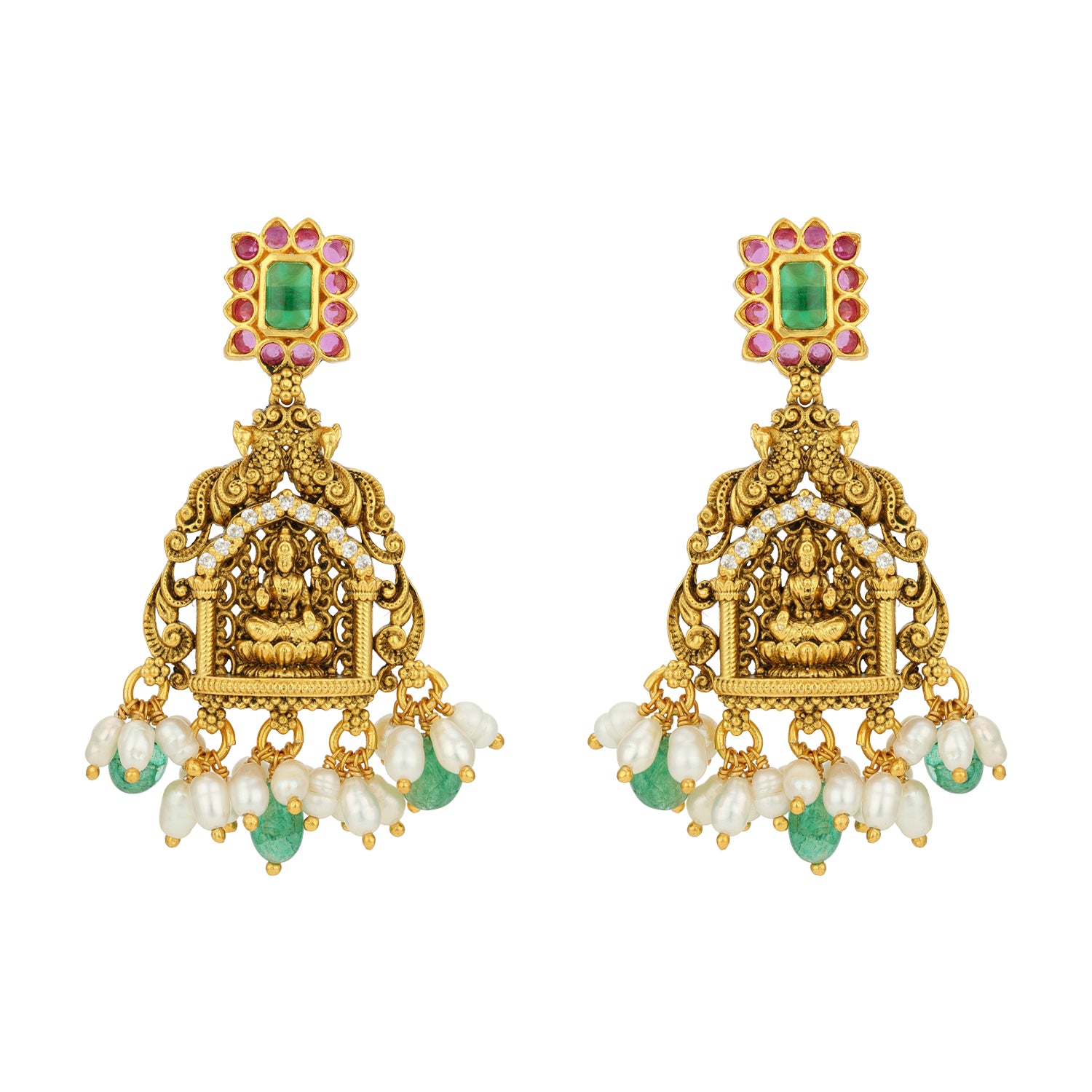 Golden Peacock Lakshmi Green Pink Stone 925 Sterling Silver Pearl Drop Earrings for Women