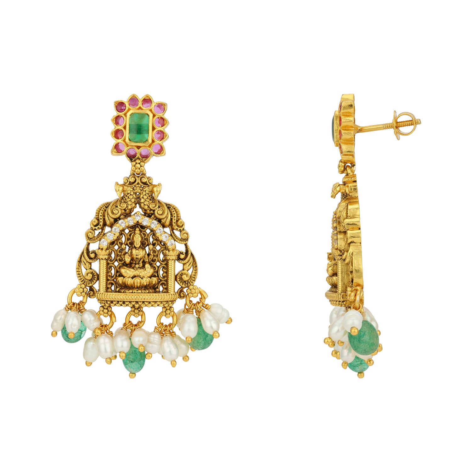 Golden Peacock Lakshmi Green Pink Stone 925 Sterling Silver Pearl Drop Earrings for Women