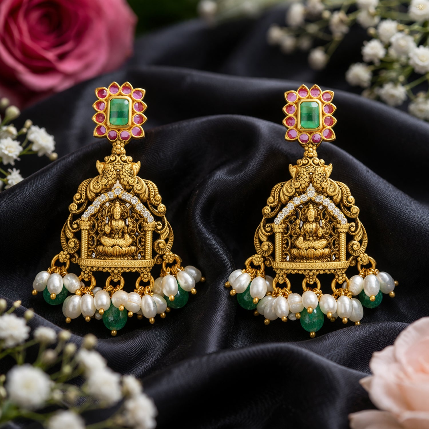 Golden Peacock Lakshmi Green Pink Stone 925 Sterling Silver Pearl Drop Earrings for Women