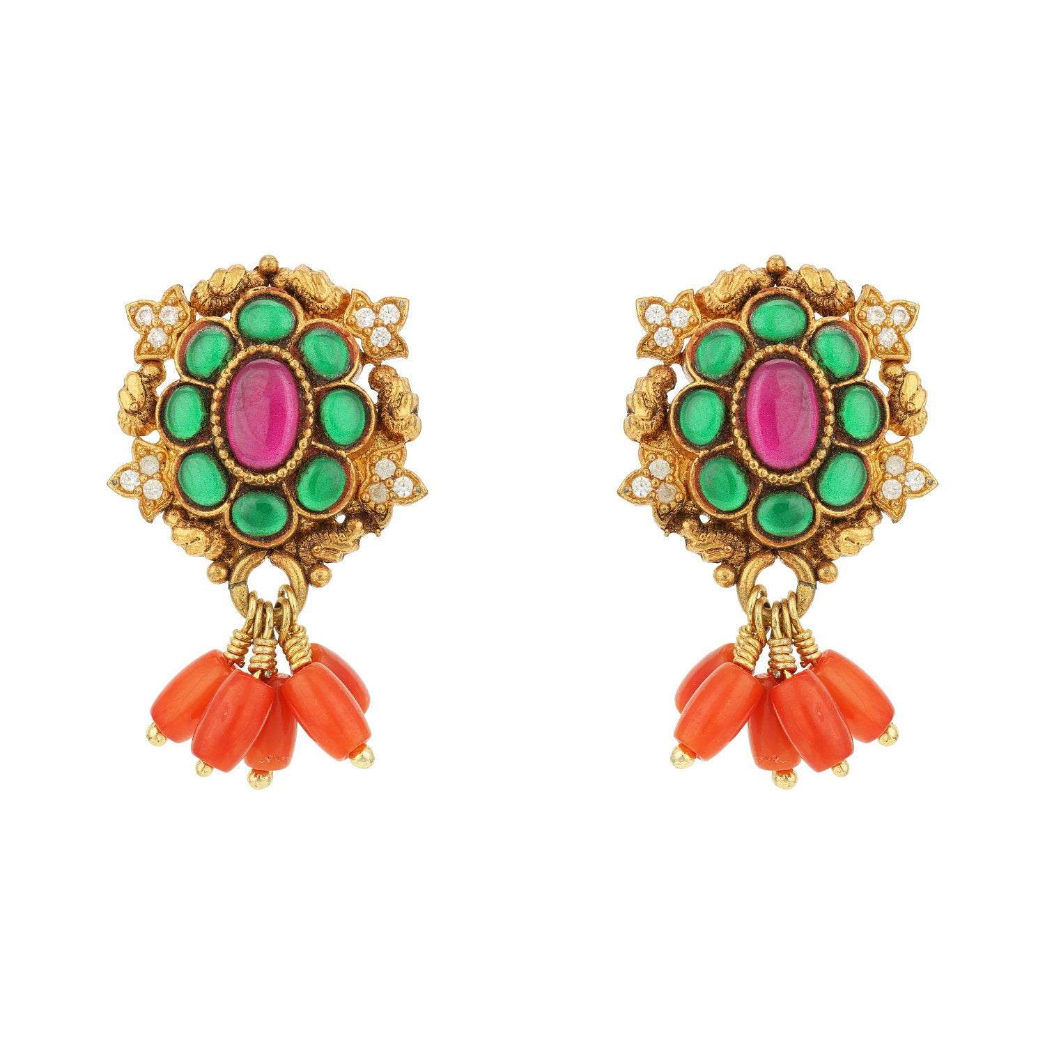 Golden Pink Green Floral 925 Sterling Silver Coral Bead Drop Earring for Women