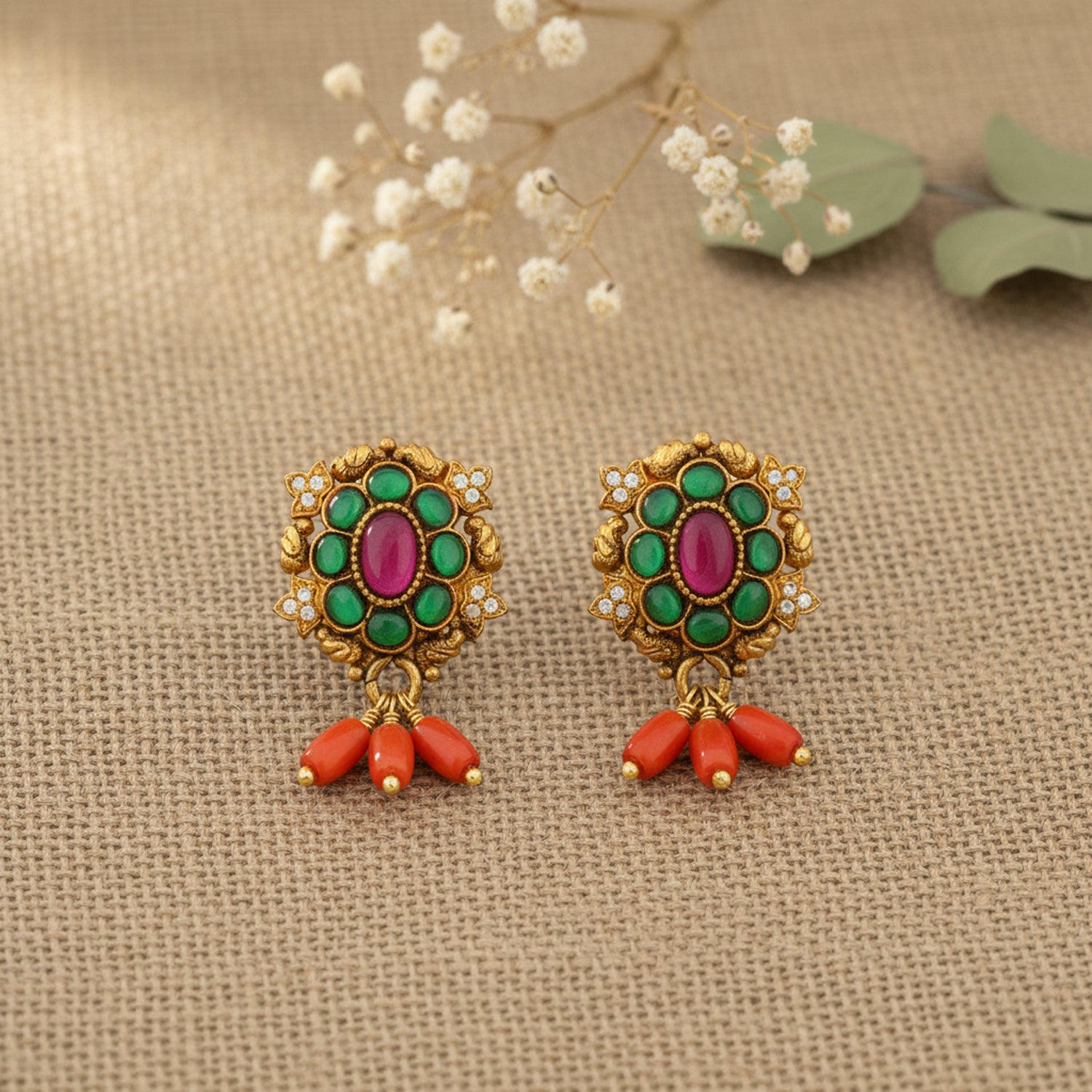 Golden Pink Green Floral 925 Sterling Silver Coral Bead Drop Earring for Women