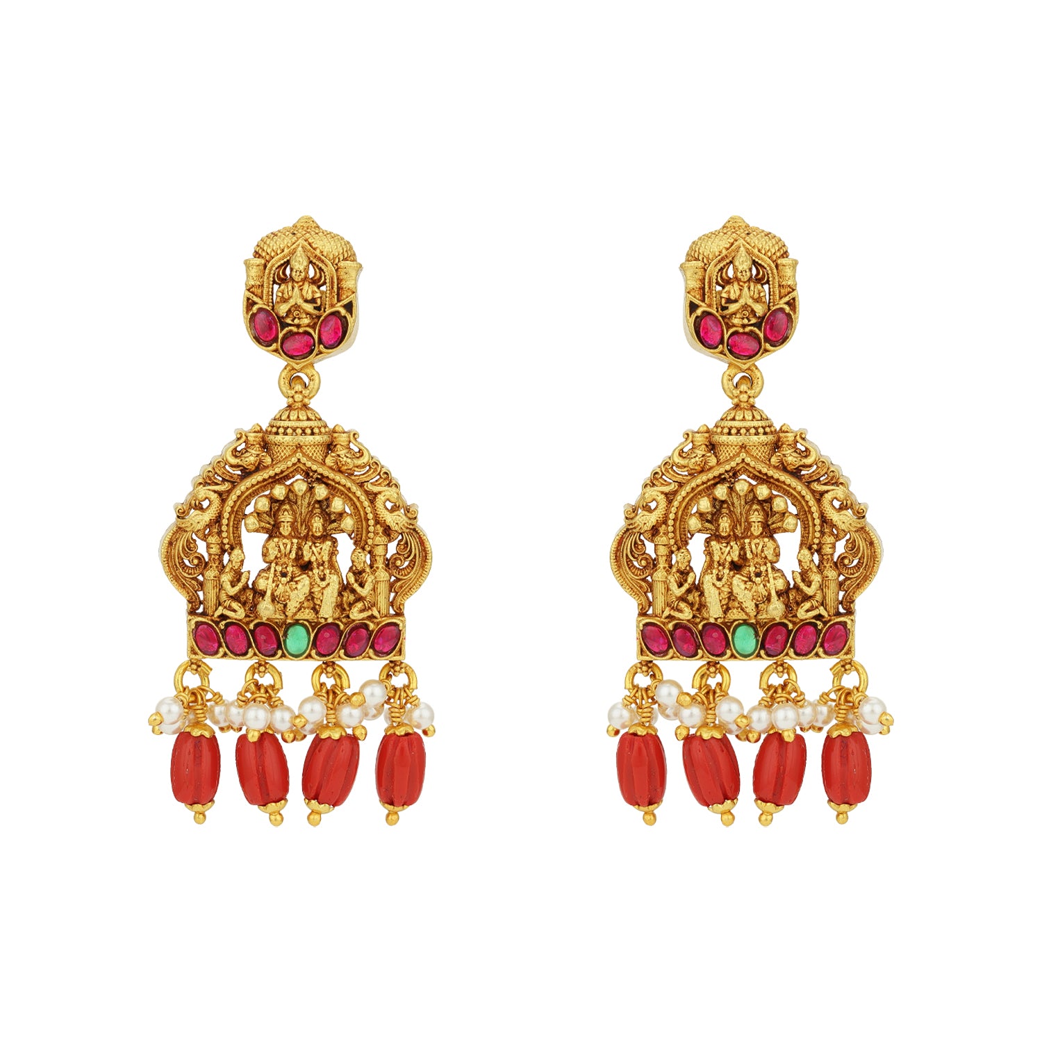 Golden Rama Sita Elephant Chariot Temple 925 Sterling Silver Pearl Drop Earrings for Women