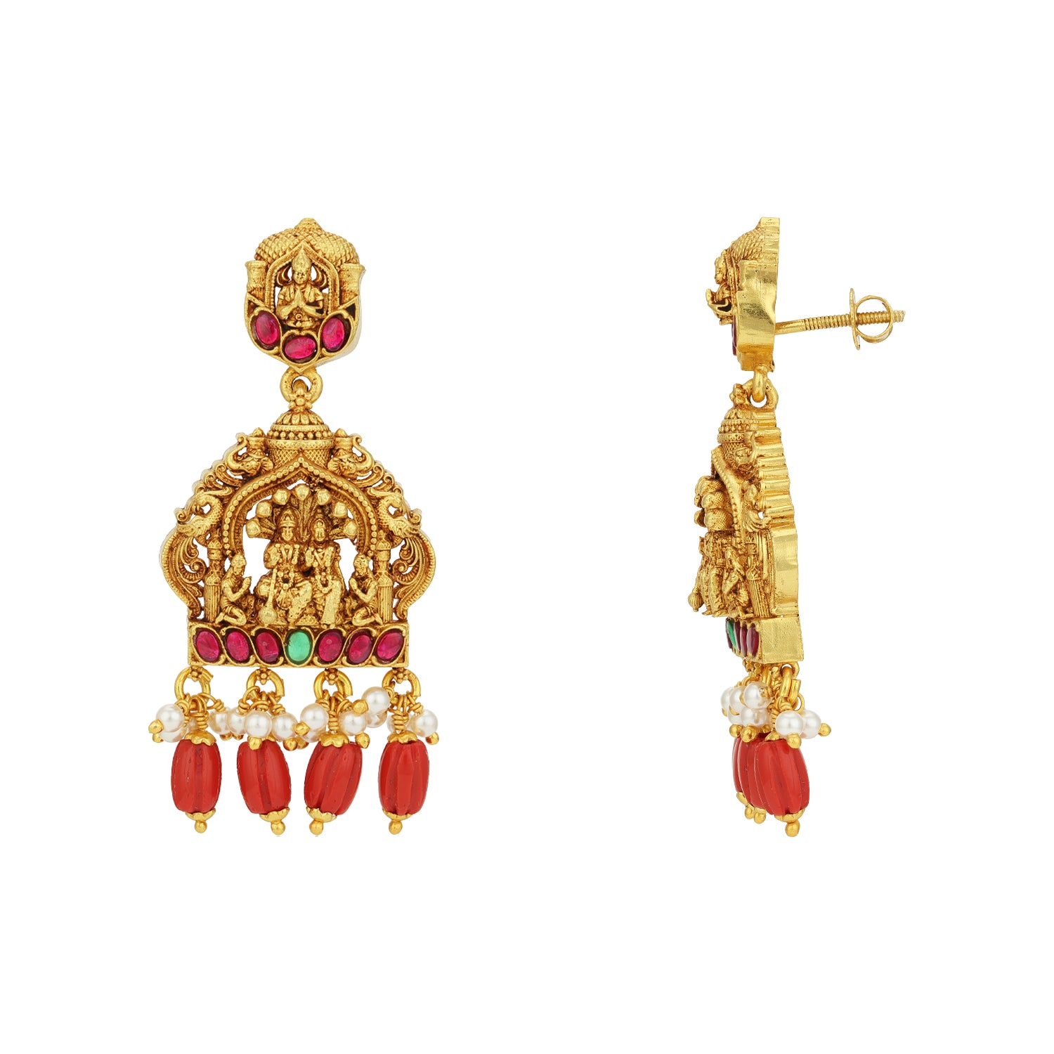 Golden Rama Sita Elephant Chariot Temple 925 Sterling Silver Pearl Drop Earrings for Women