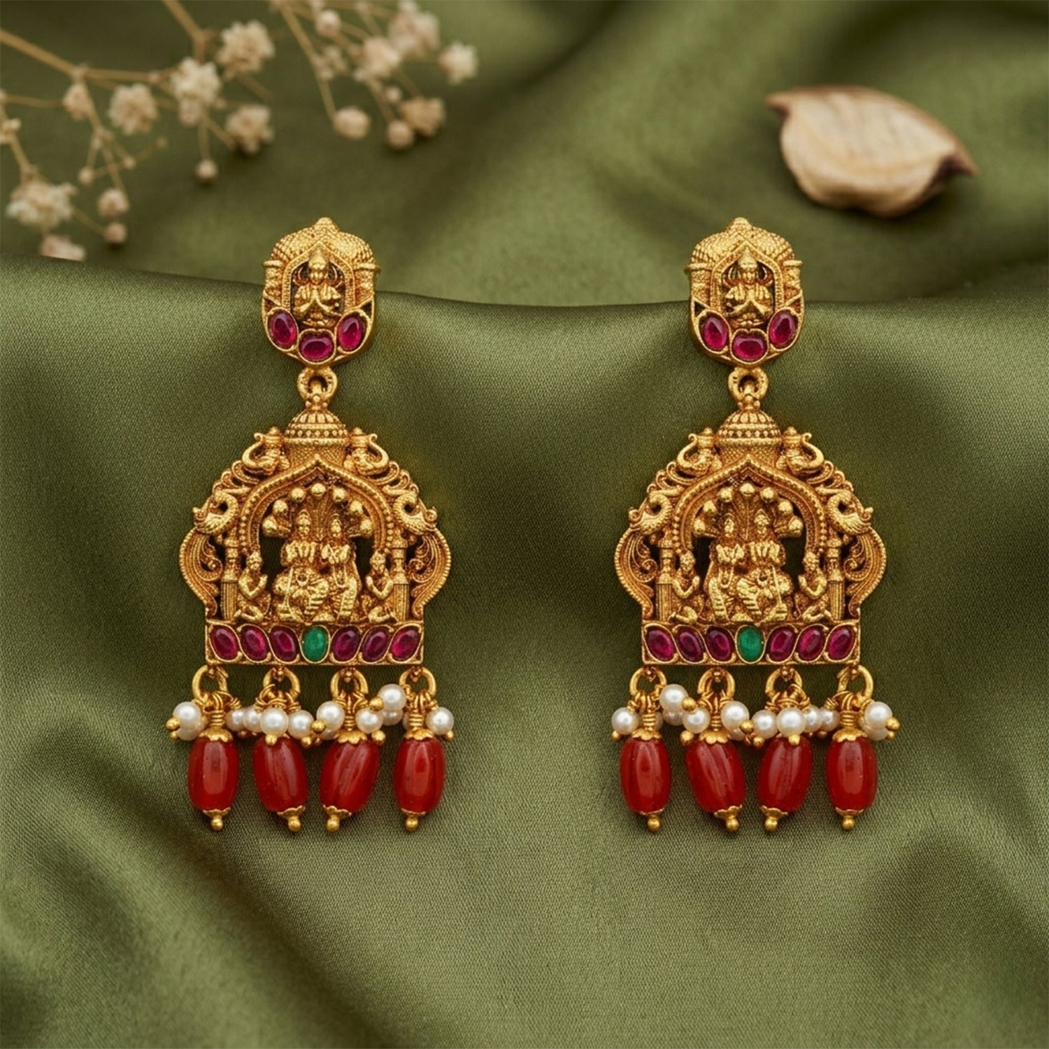 Golden Rama Sita Elephant Chariot Temple 925 Sterling Silver Pearl Drop Earrings for Women