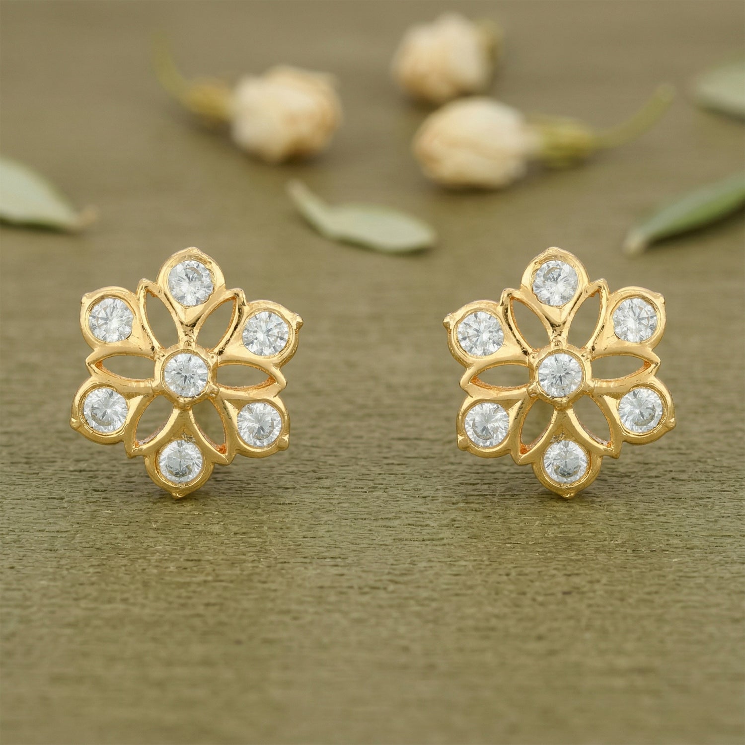 Golden Tiny CZ Floral 925 Sterling Silver Stud for Women