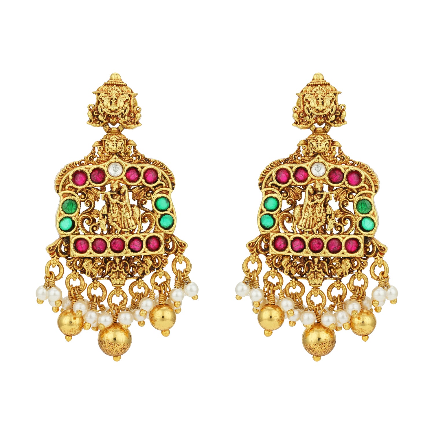 Golden Traditional Pink Green Stone Radha Krishna Ratha 925 Sterling Silver Gold Drop Earring for Women
