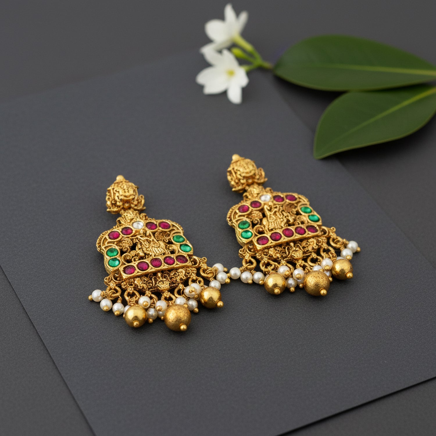 Golden Traditional Pink Green Stone Radha Krishna Ratha 925 Sterling Silver Gold Drop Earring for Women