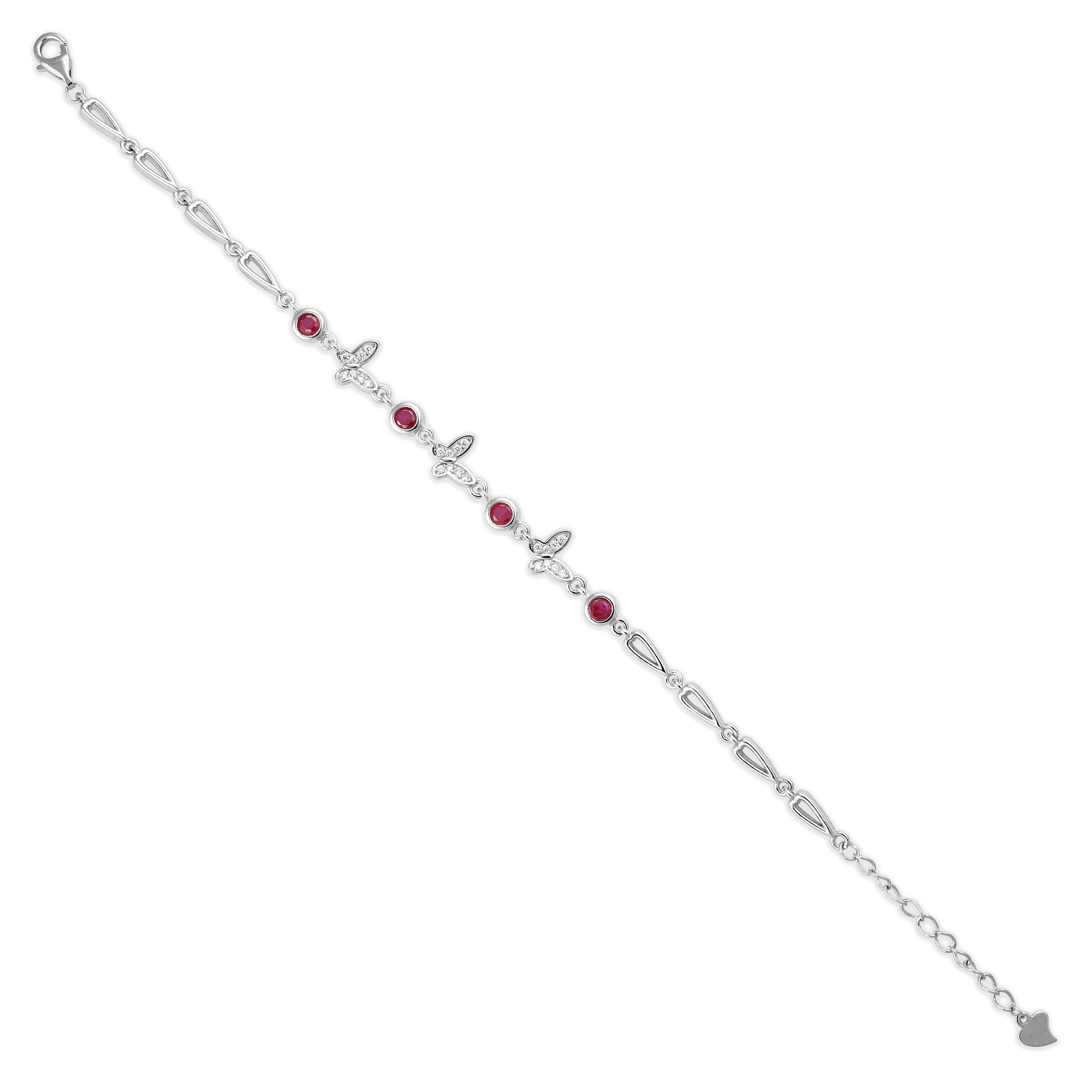 Silver bracelet with red beads on a white background