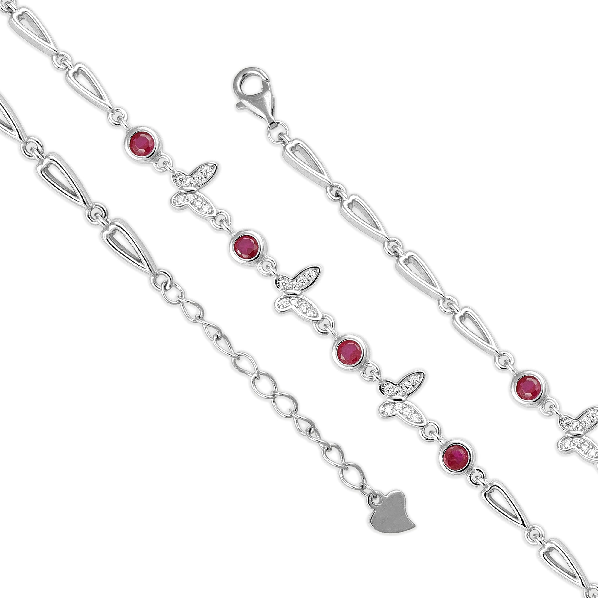 Silver bracelet with red gemstones and heart charm on a white background