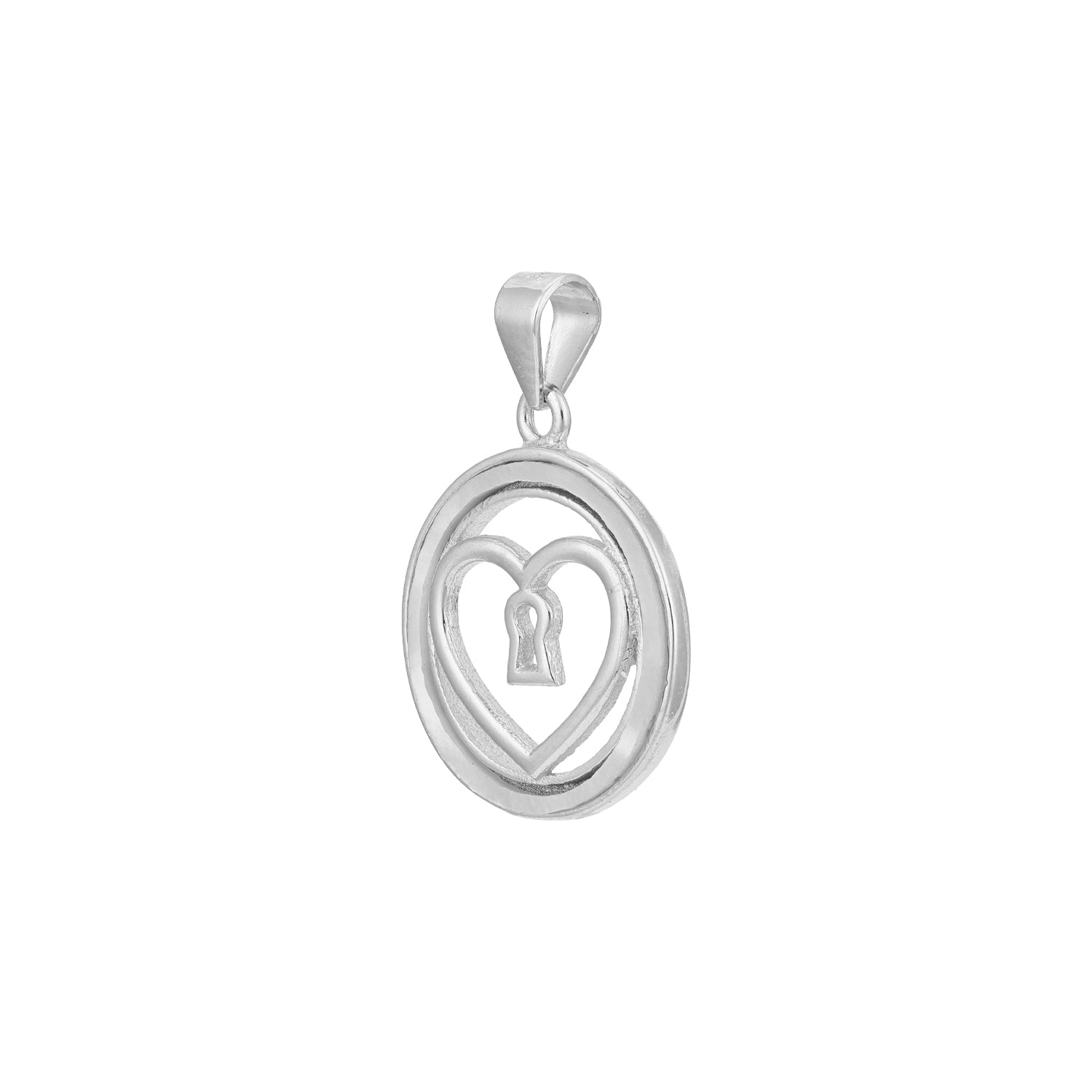 Silver pendant with heart and key design on a white background