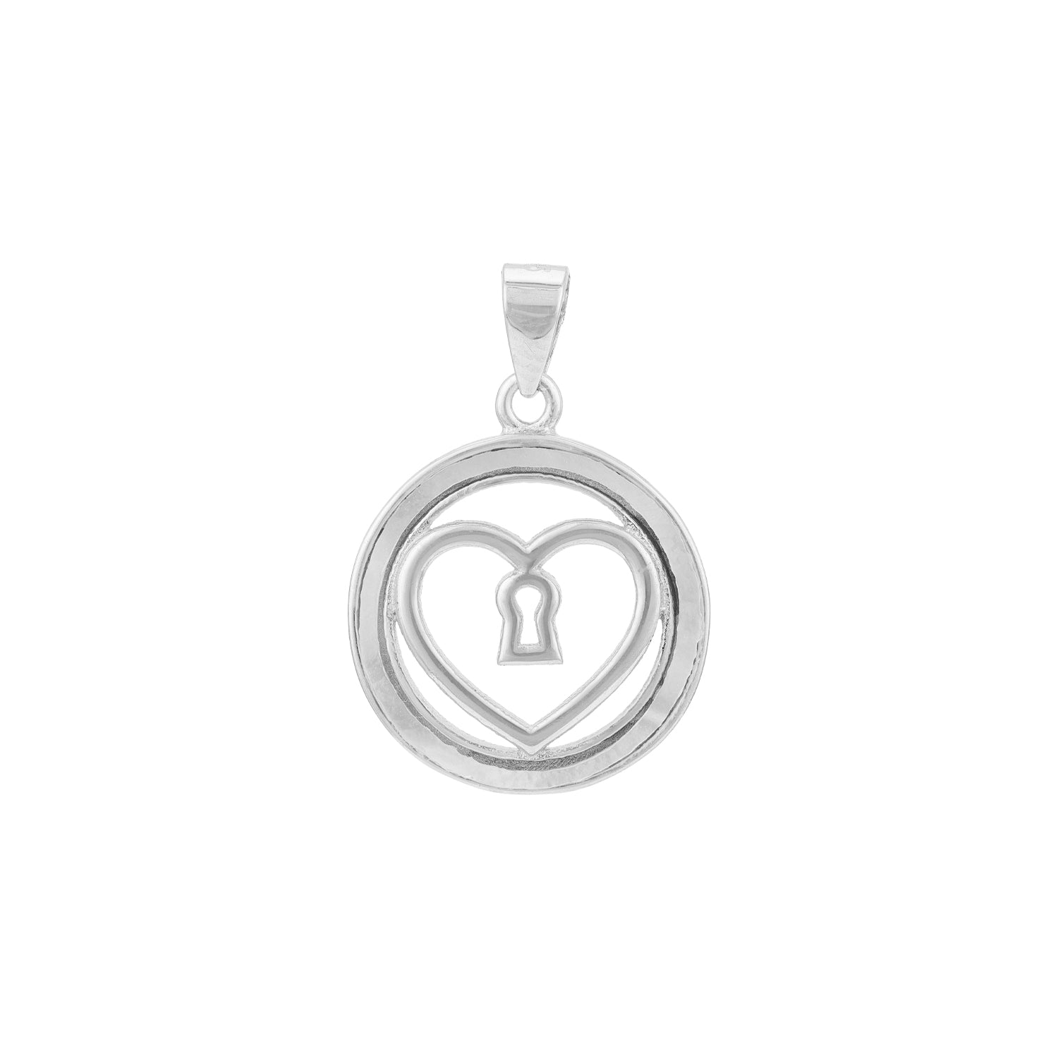 Silver pendant with heart and keyhole design on a white background