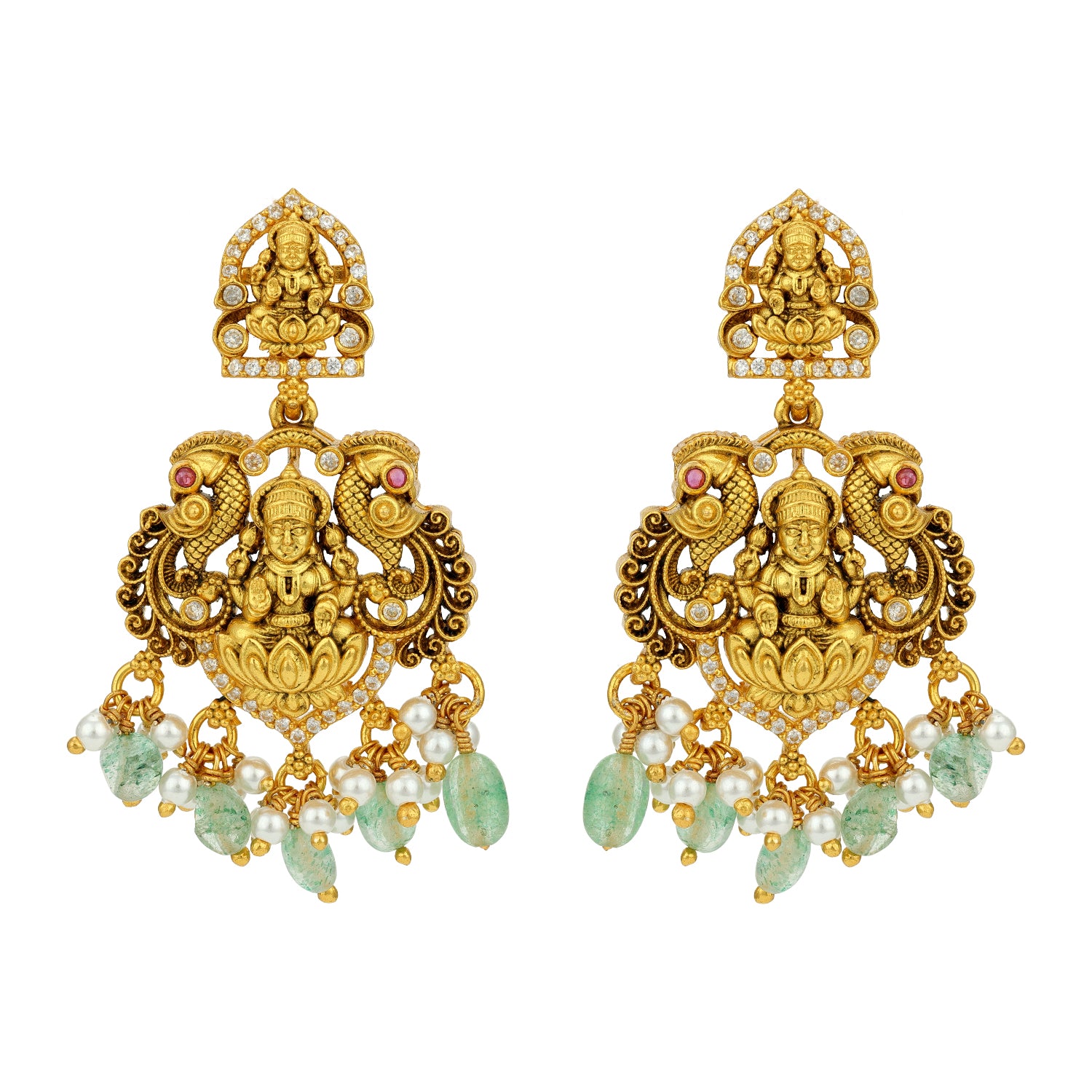 Grand Golden Goddess Lakshmi Peacock Motif 925 Sterling Silver Pearl Green Drop Earring for Women