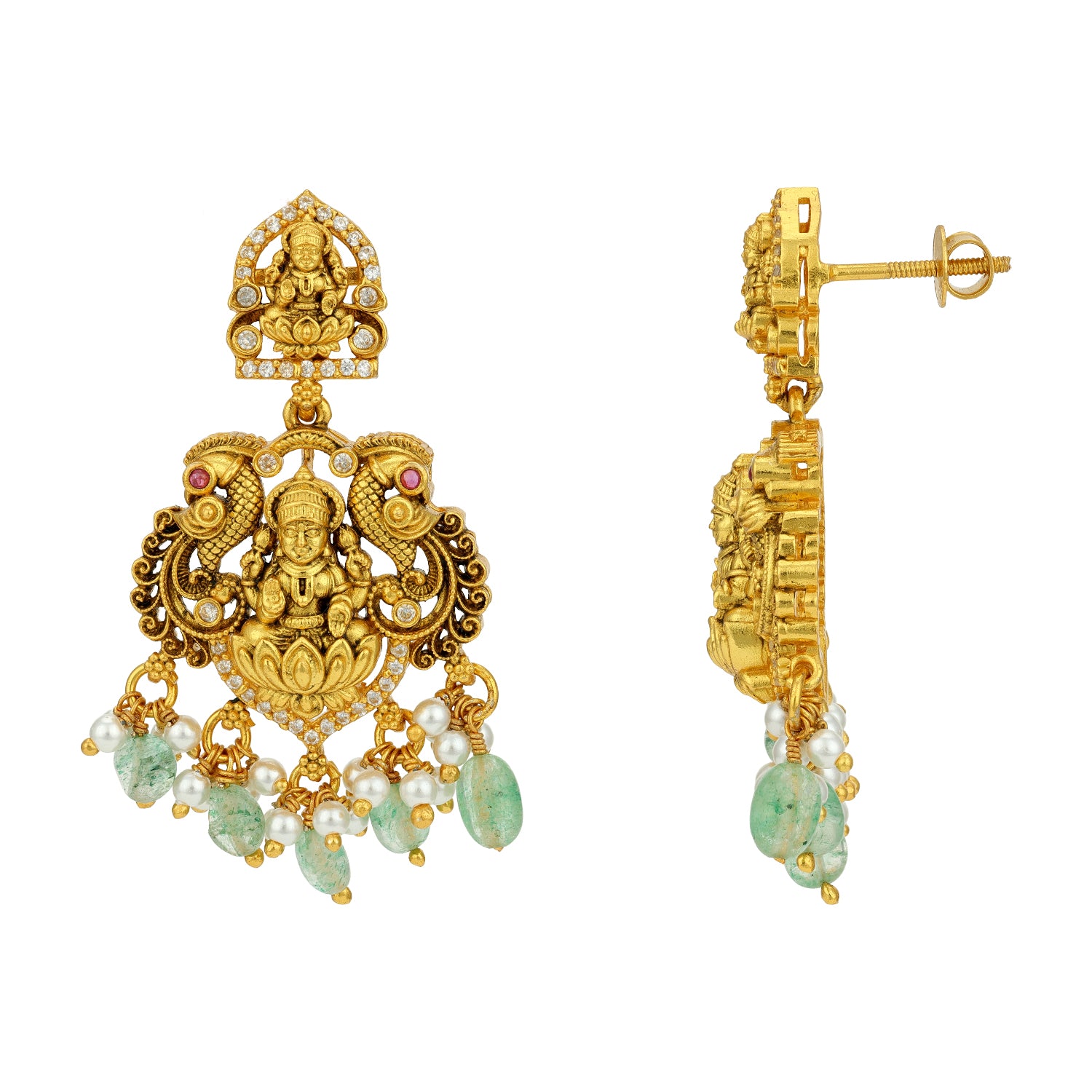 Grand Golden Goddess Lakshmi Peacock Motif 925 Sterling Silver Pearl Green Drop Earring for Women