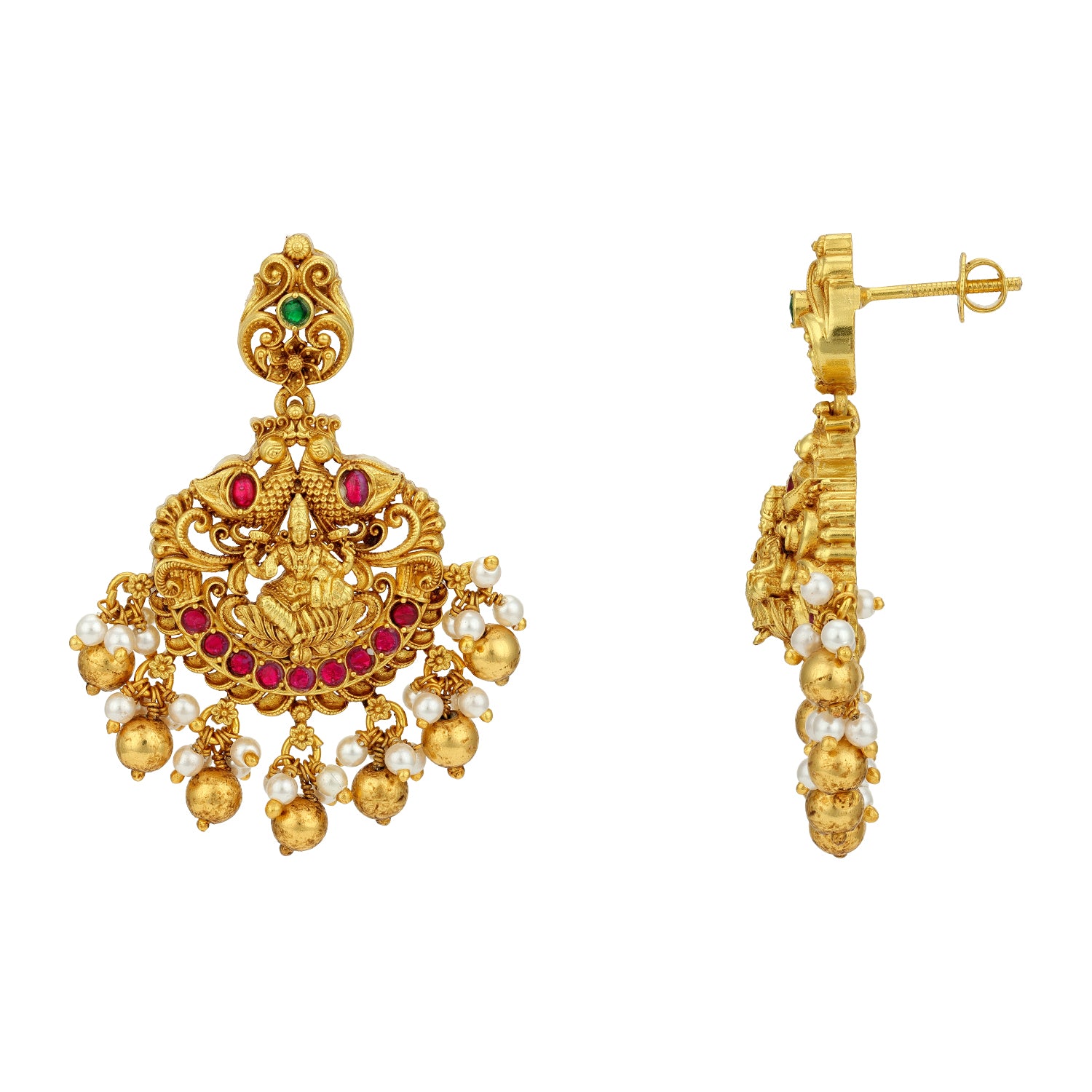 Grand Golden Lakshmi Twin Peacock Motif 925 Sterling Silver Gold Drop Earring for Women