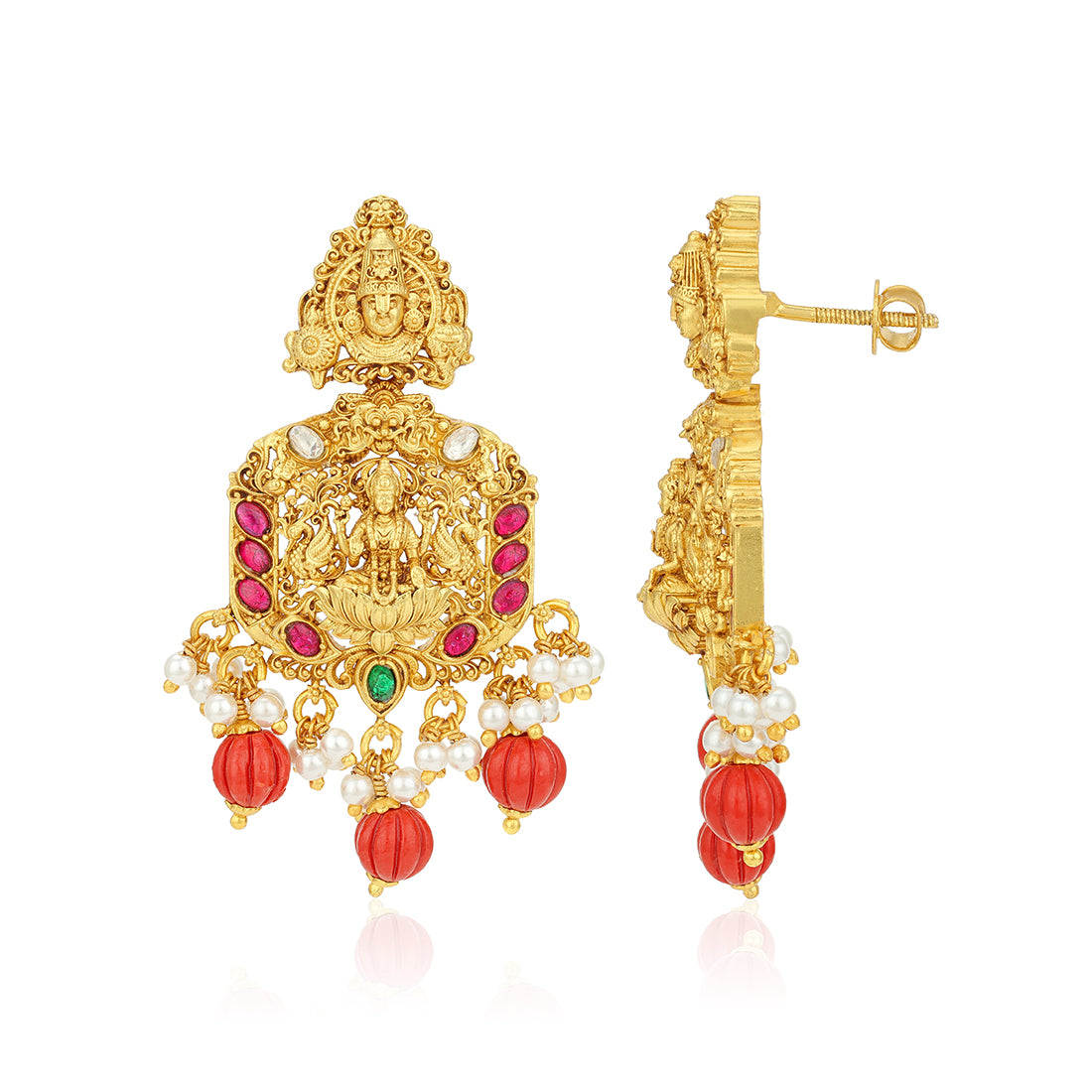 Grand Golden Lord Venkatesa Lakshmi Ratha 925 Sterling Silver Pearl Coral Drop Earring for Women
