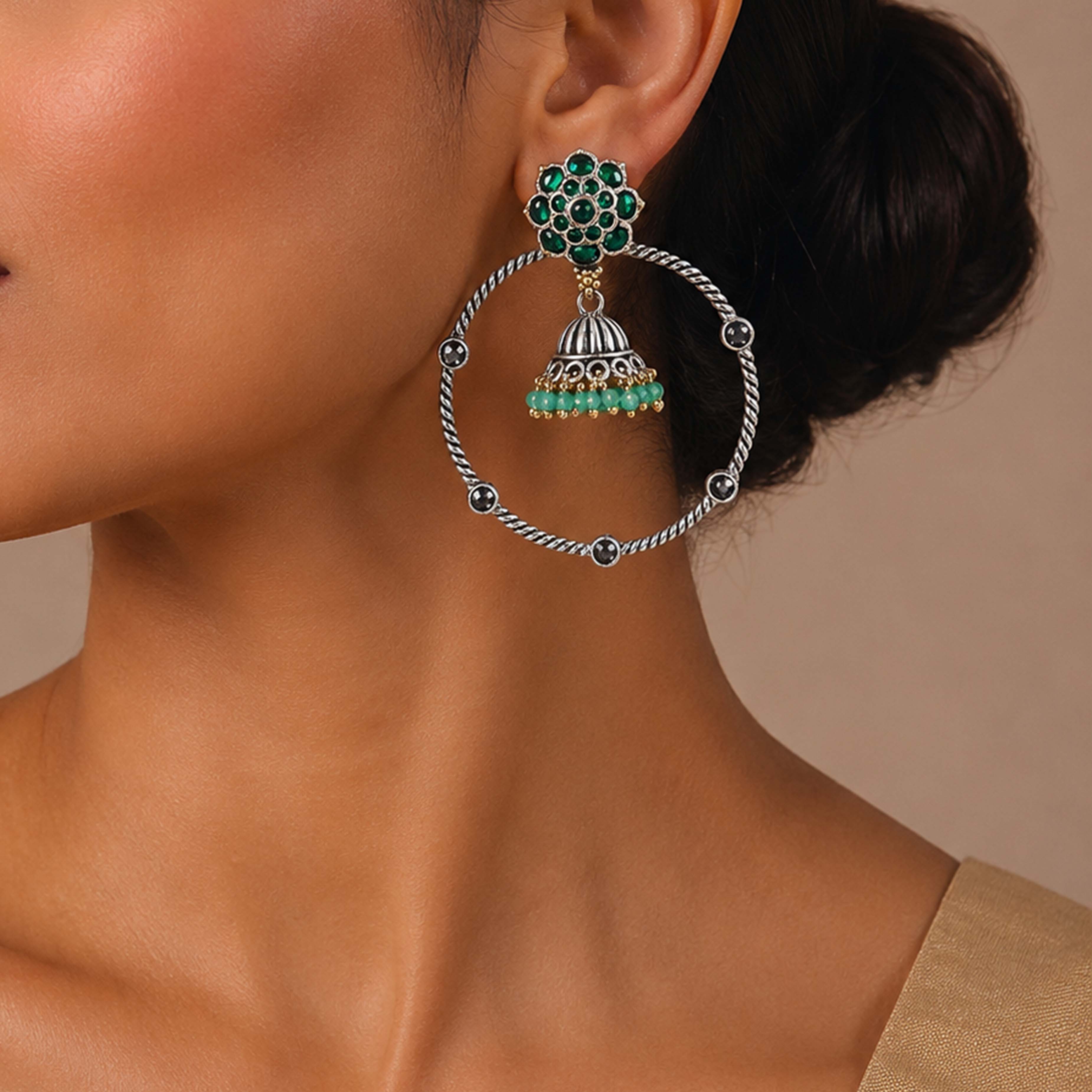 Green Floral 925 Sterling Silver Jhumka Drop Earrings