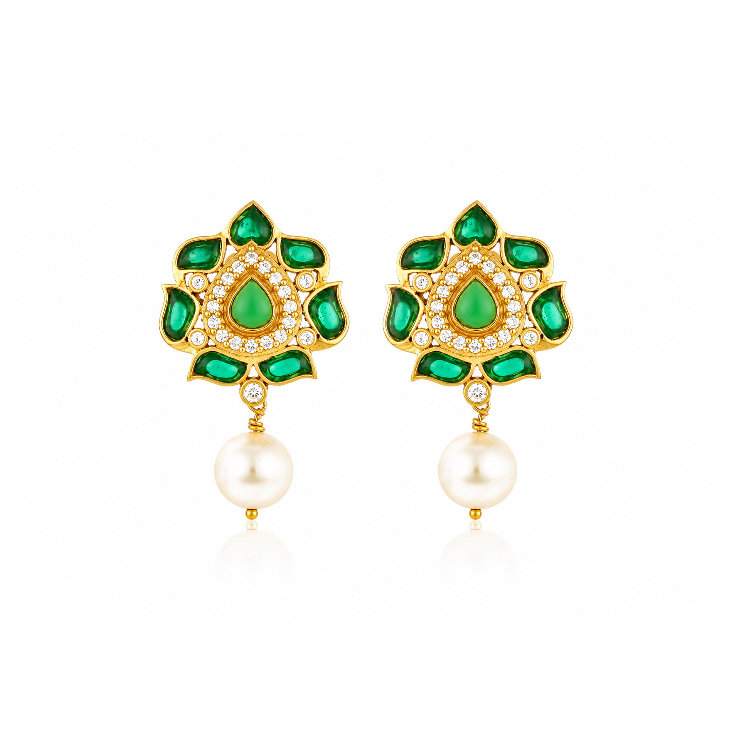 Green Petal Golden 925 Sterling Silver Pearl Drop Earrings