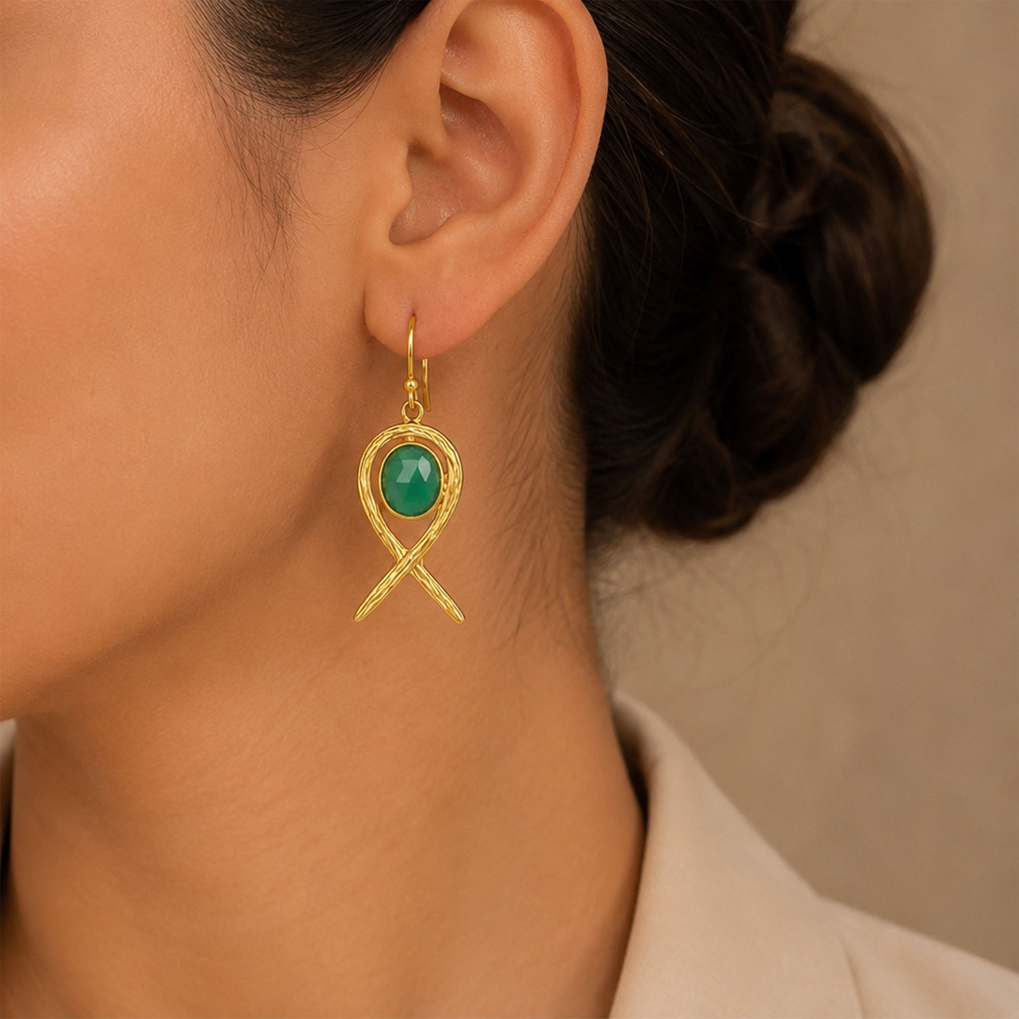 Green Stone Loop 925 Sterling Silver Earrings