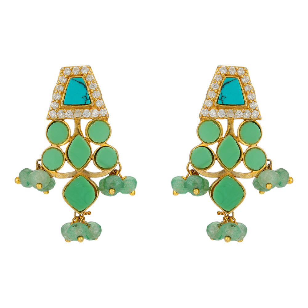 Green Beads Drop Turquoise 925 Gold Plated Earrings