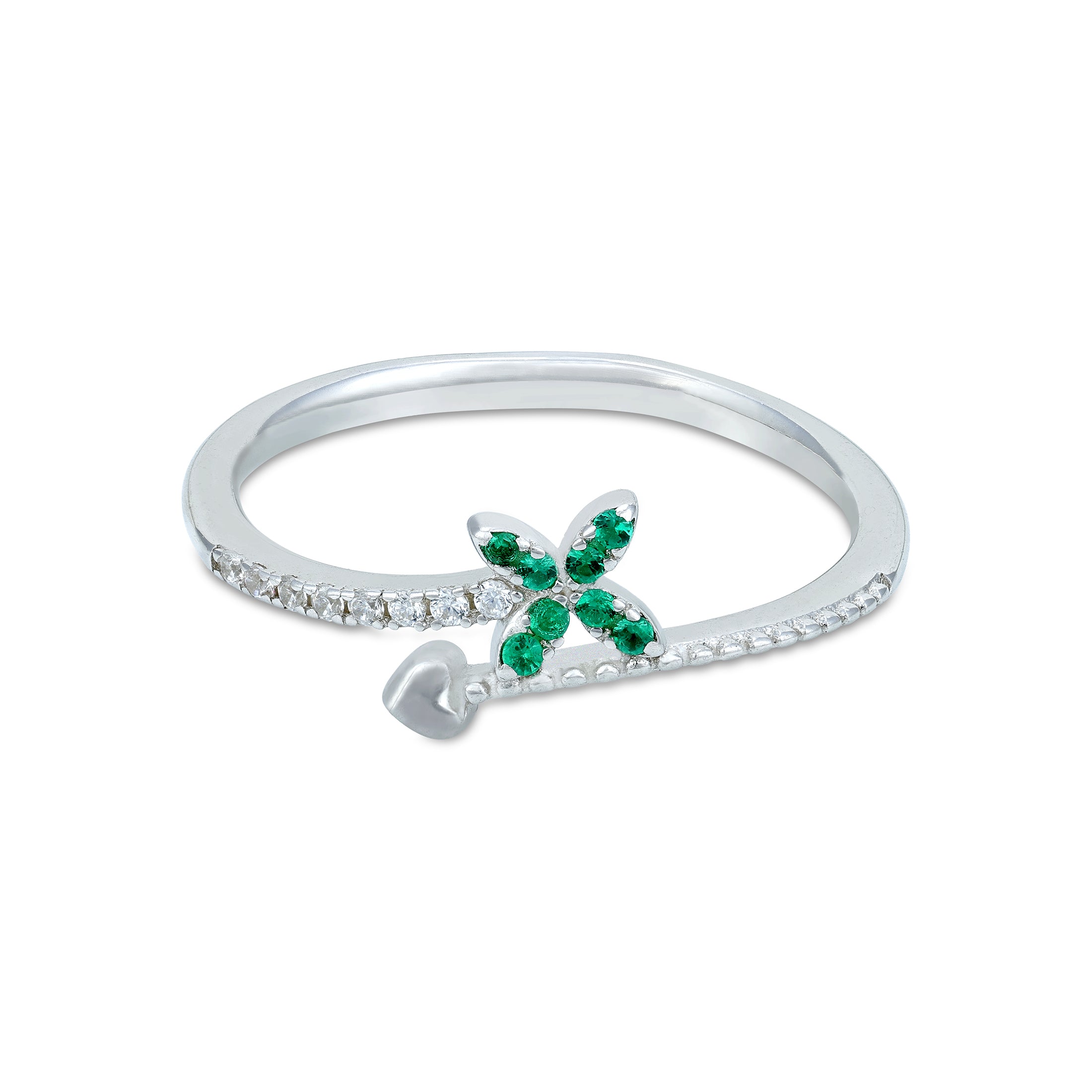 Green Butterfly Pattern 925 Sterling Silver Heart Overlap Ring for Women