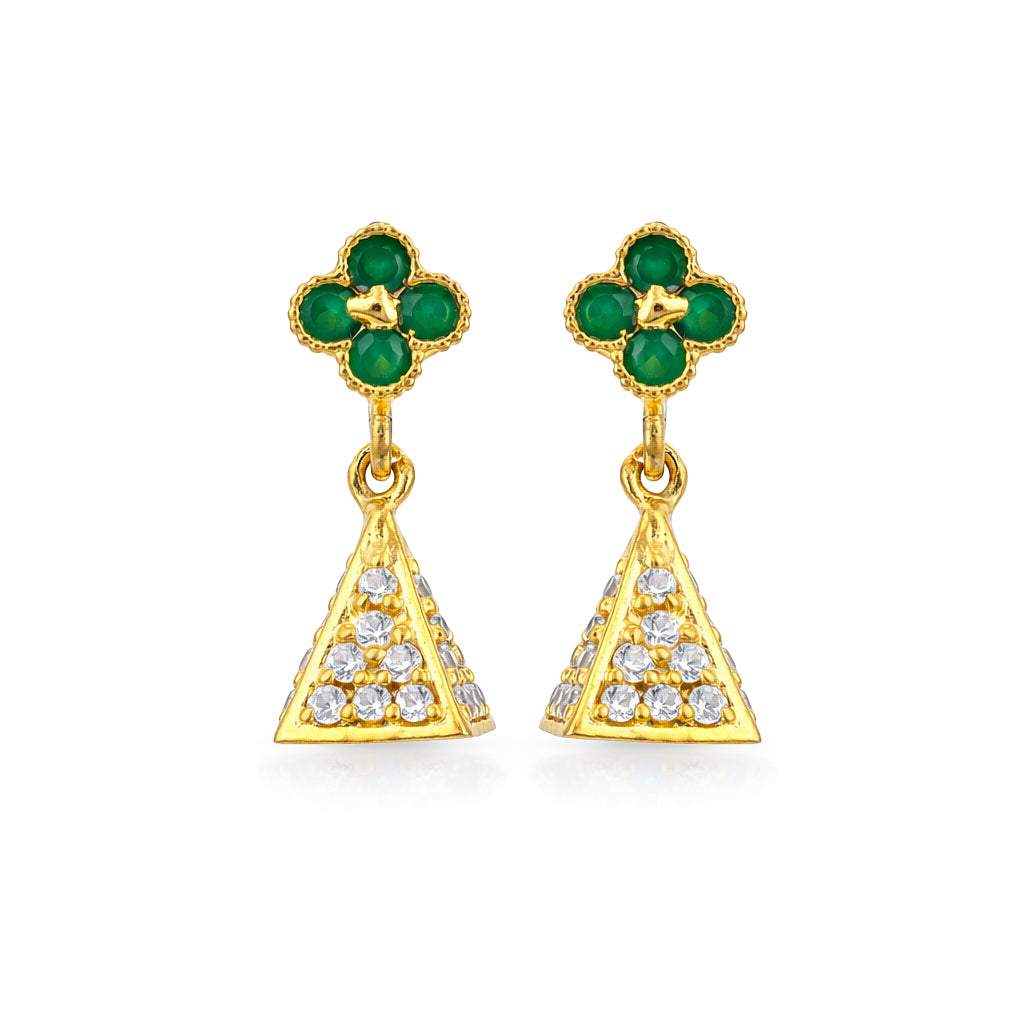 Gold earrings with green clover and triangle designs on a white background