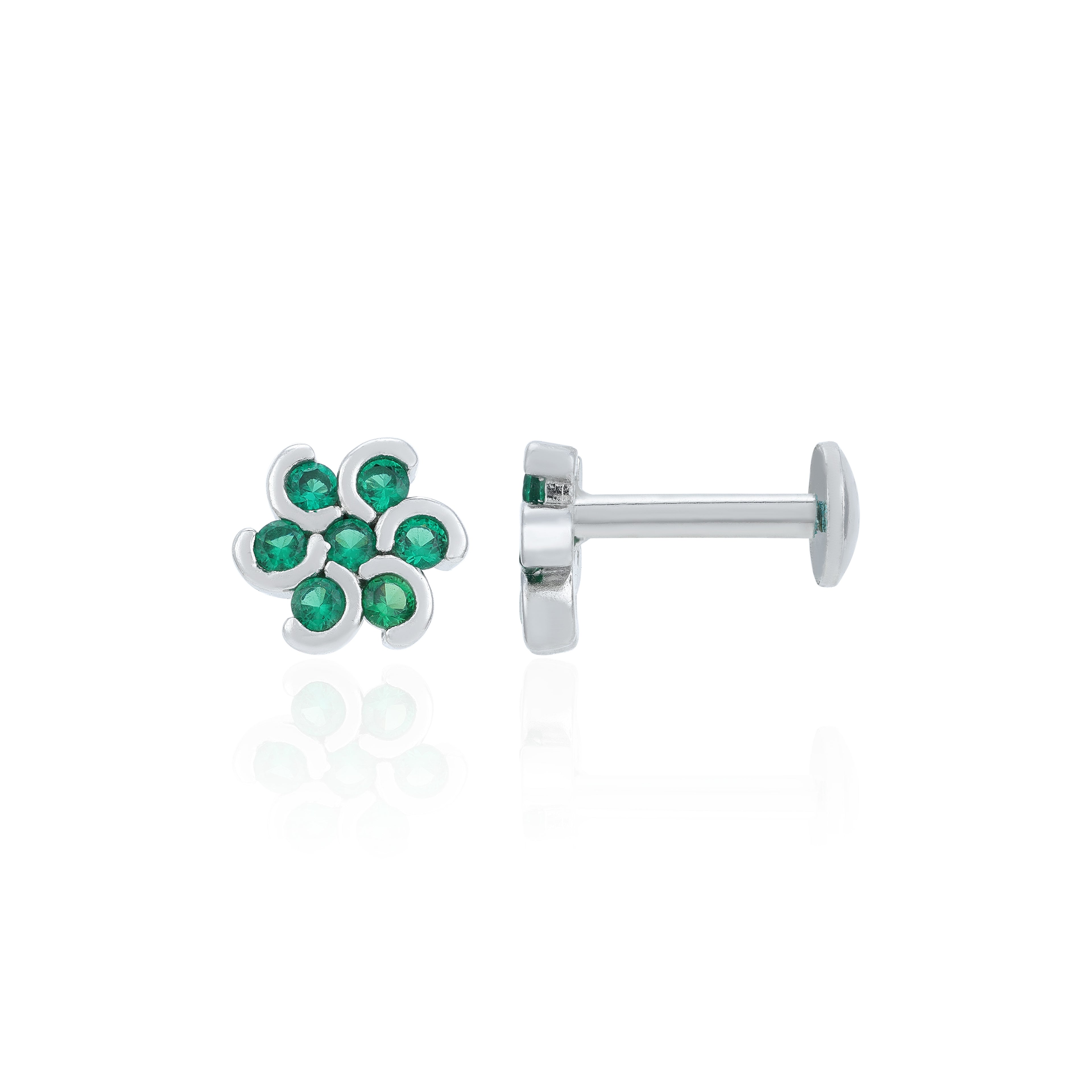 Green Stone Flower Rhodium Plated 925 Sterling Silver Stud Earrings for Women