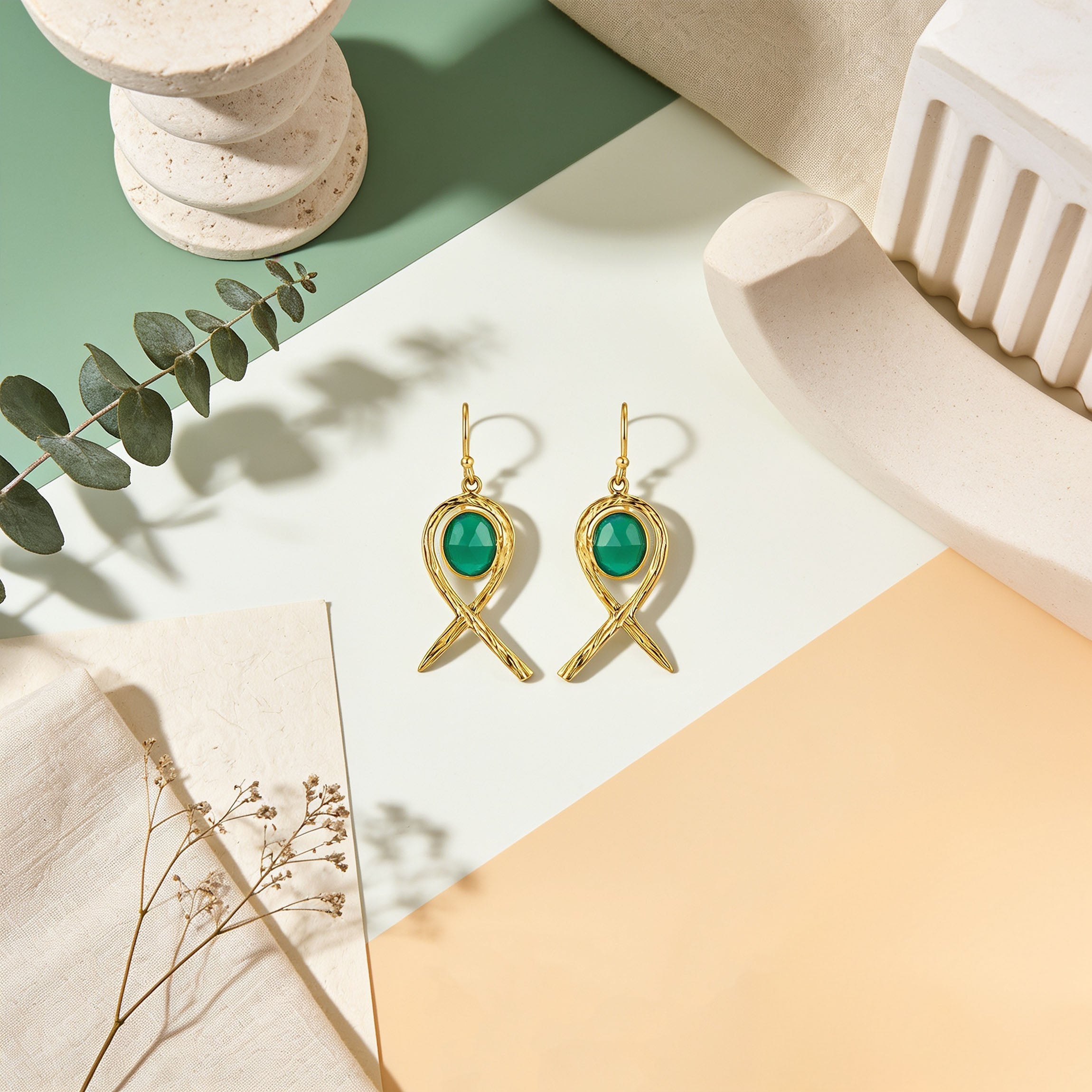 Green Stone Loop 925 Sterling Silver Earrings