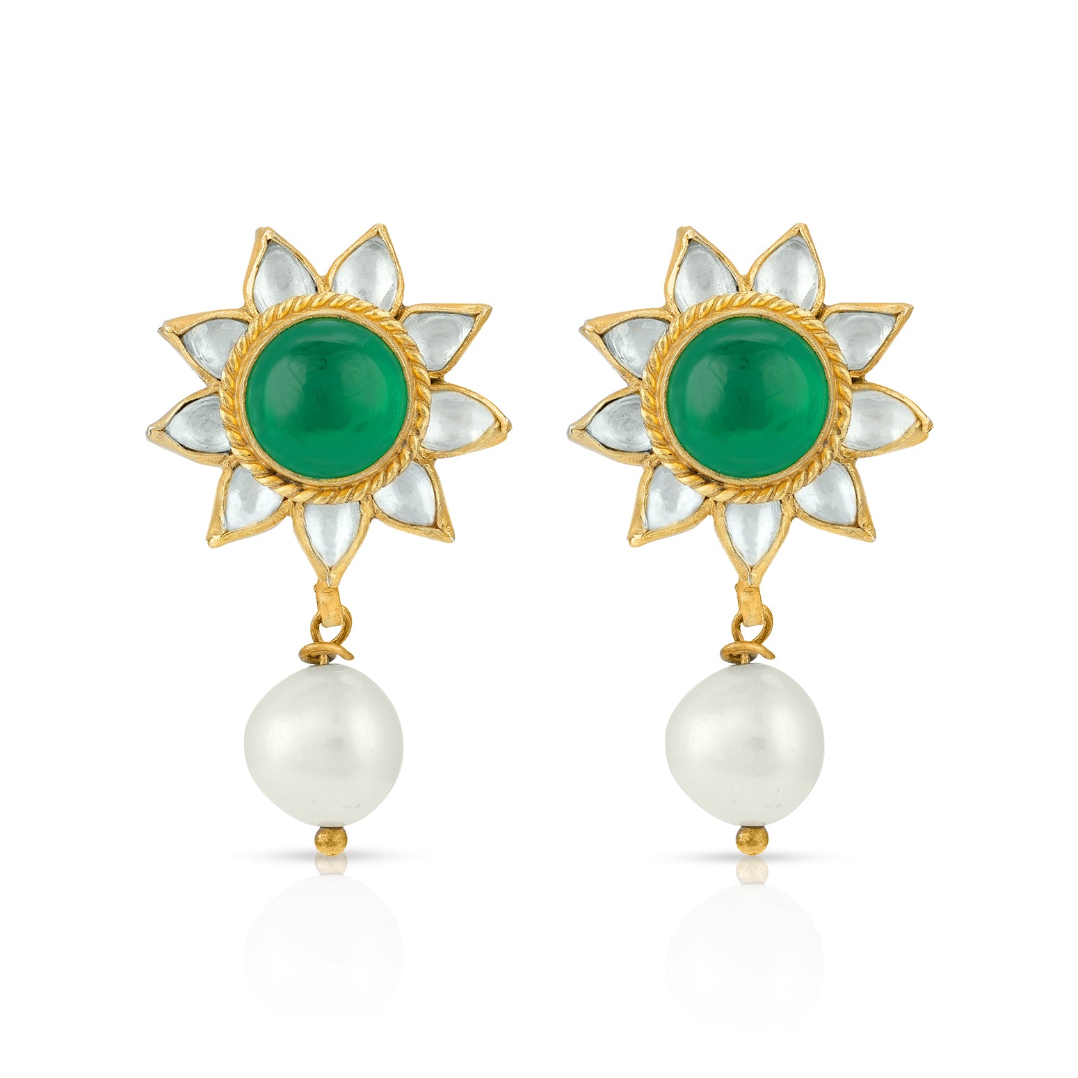 Green Sunflower Kundan 925 Sterling Silver Pearl Earrings