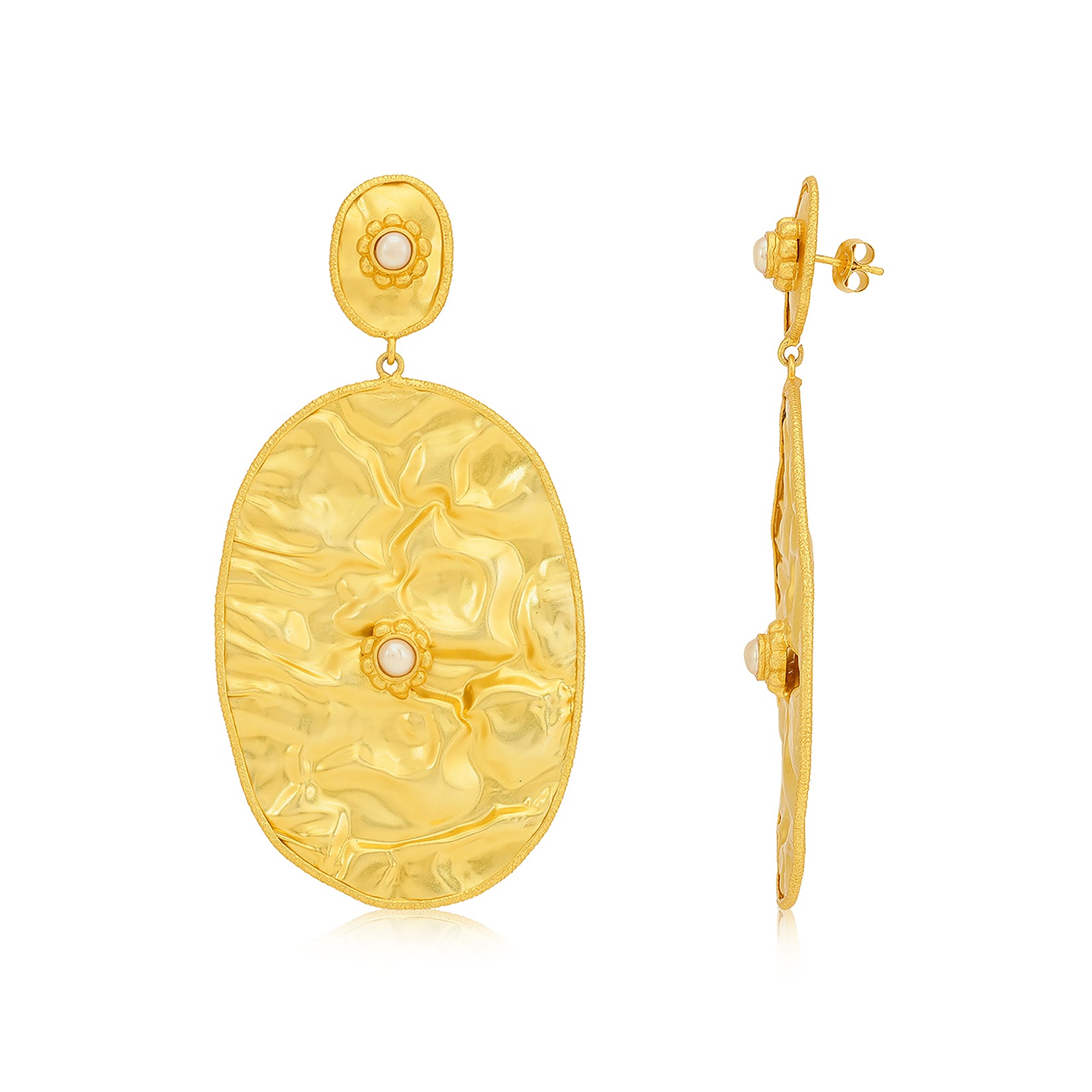 Hammered Gold Oval Pearl Drop Earrings