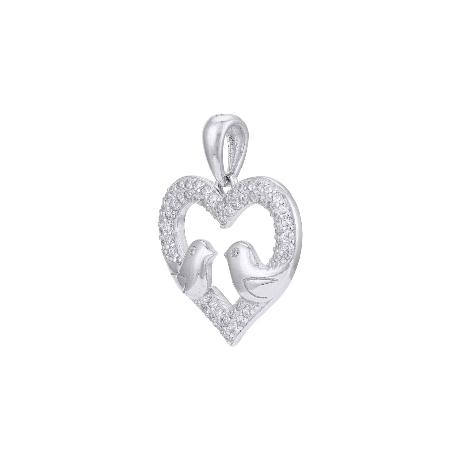 Silver pendant with two birds inside a heart on a white background
