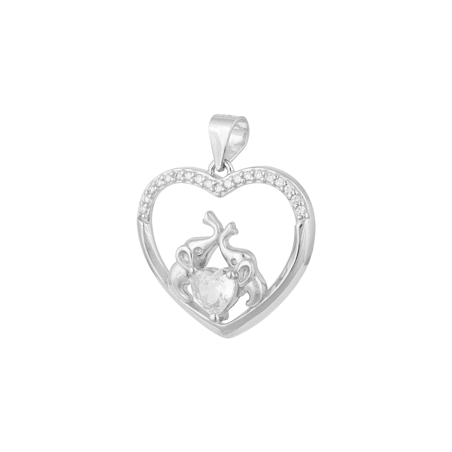 Silver heart-shaped pendant with a central gemstone on a white background
