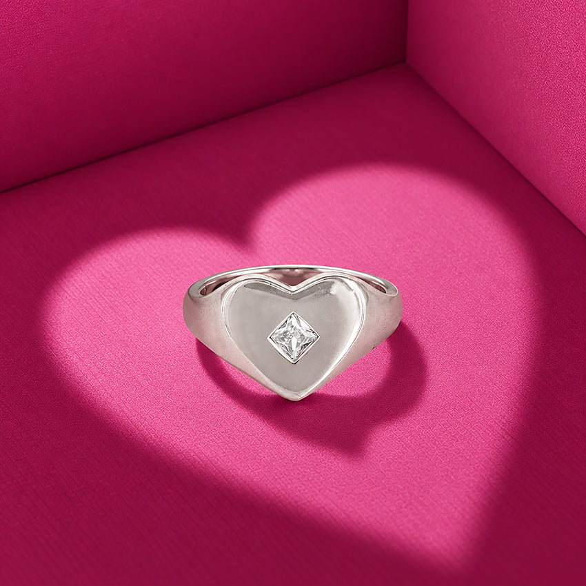 Heart Shaped Silver Ring with Center Square Stone