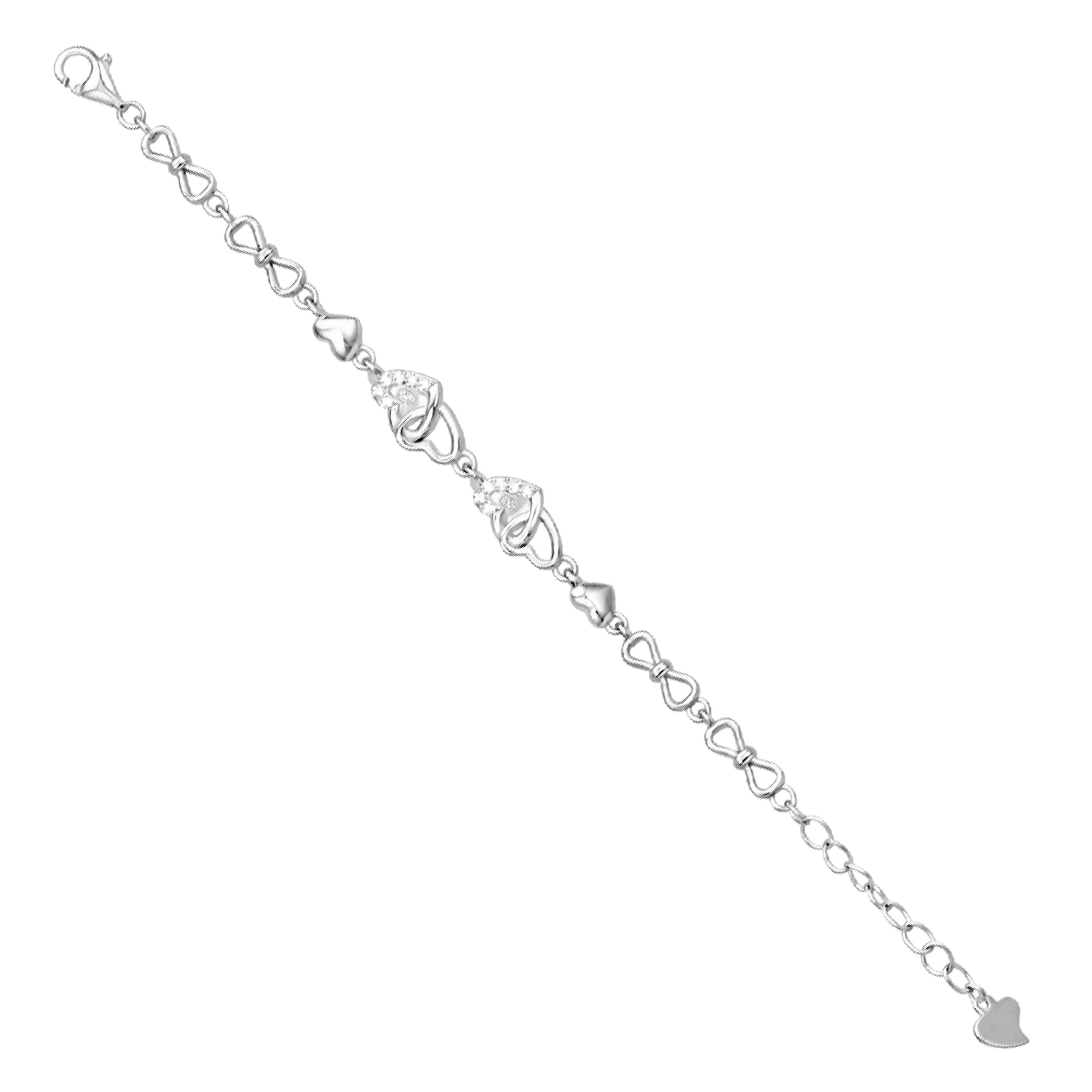 Silver bracelet with heart-shaped links on a white background