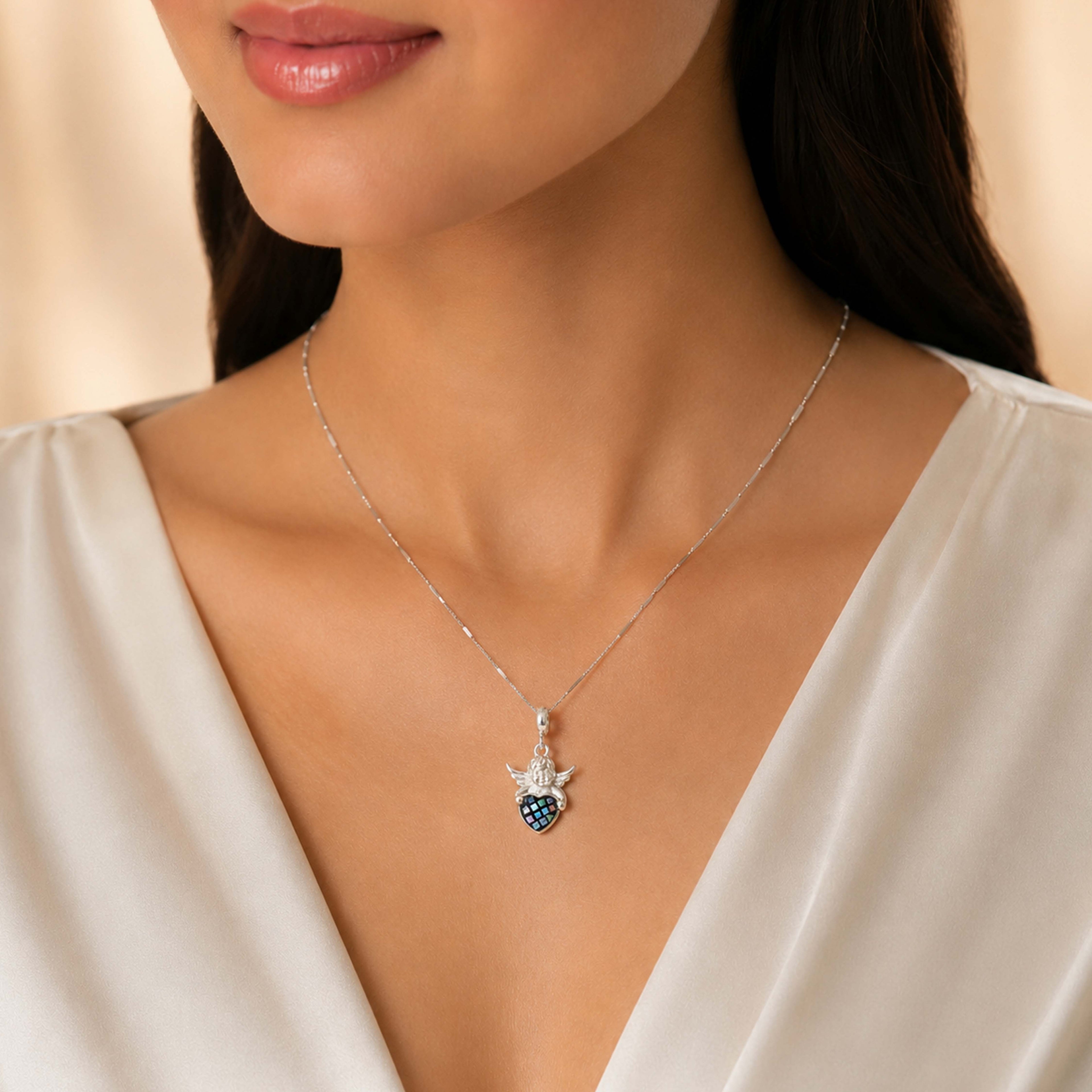 Heavenly Angel 925 Sterling Silver Mosaic Heart Pendant