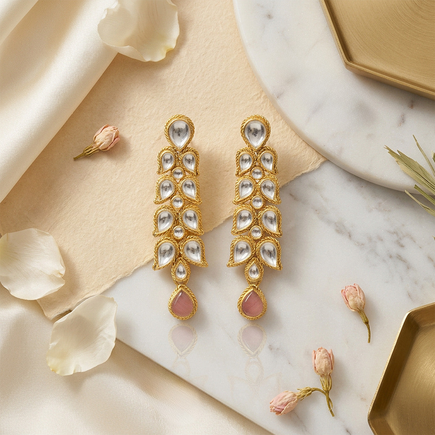 Heritage Kundan Leaves 925 Sterling Silver Drop Earrings