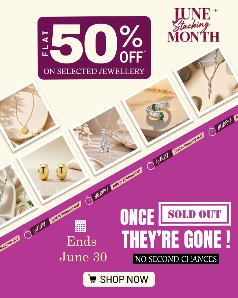 Promotional banner for jewelry sale with 50% off on selected items, ending June 30.