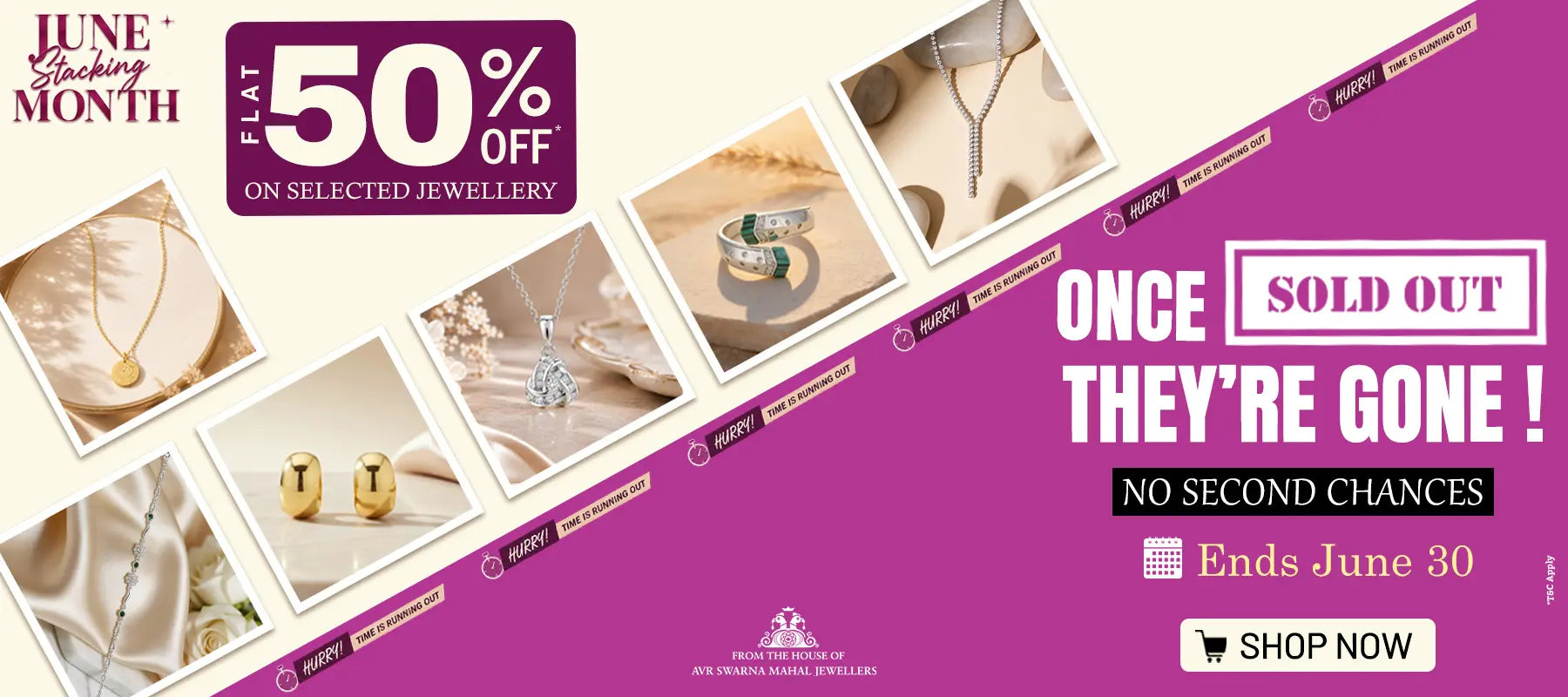 Promotional banner for jewelry sale with 50% off on selected items, featuring images of jewelry and a deadline to act.
